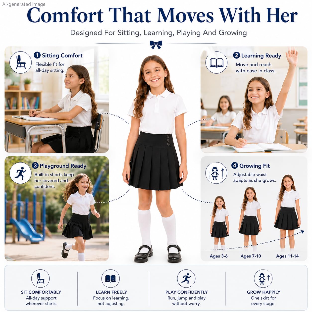 Bienzoe Falda de uniforme escolar para niñas: falda plisada de cintura ajustable para niños, negro, 13-14 Years