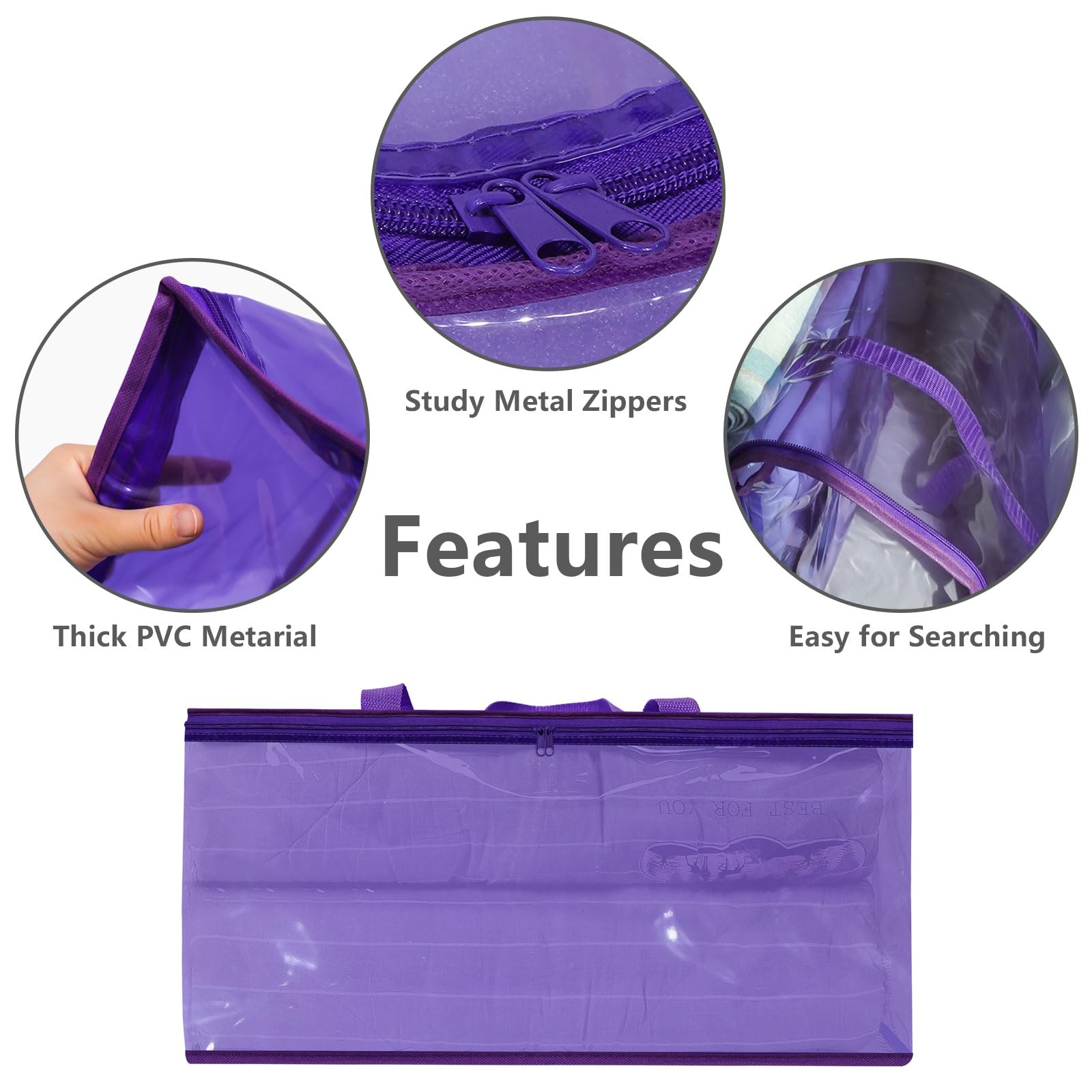 Sacchetti portaoggetti trasparenti in vinile con cerniera (confezione da 3): 40 litri. Sacchetti portaoggetti resistenti per maglioni, coperte, trapunte, set di biancheria da letto (viola, 46 x 23 x 3