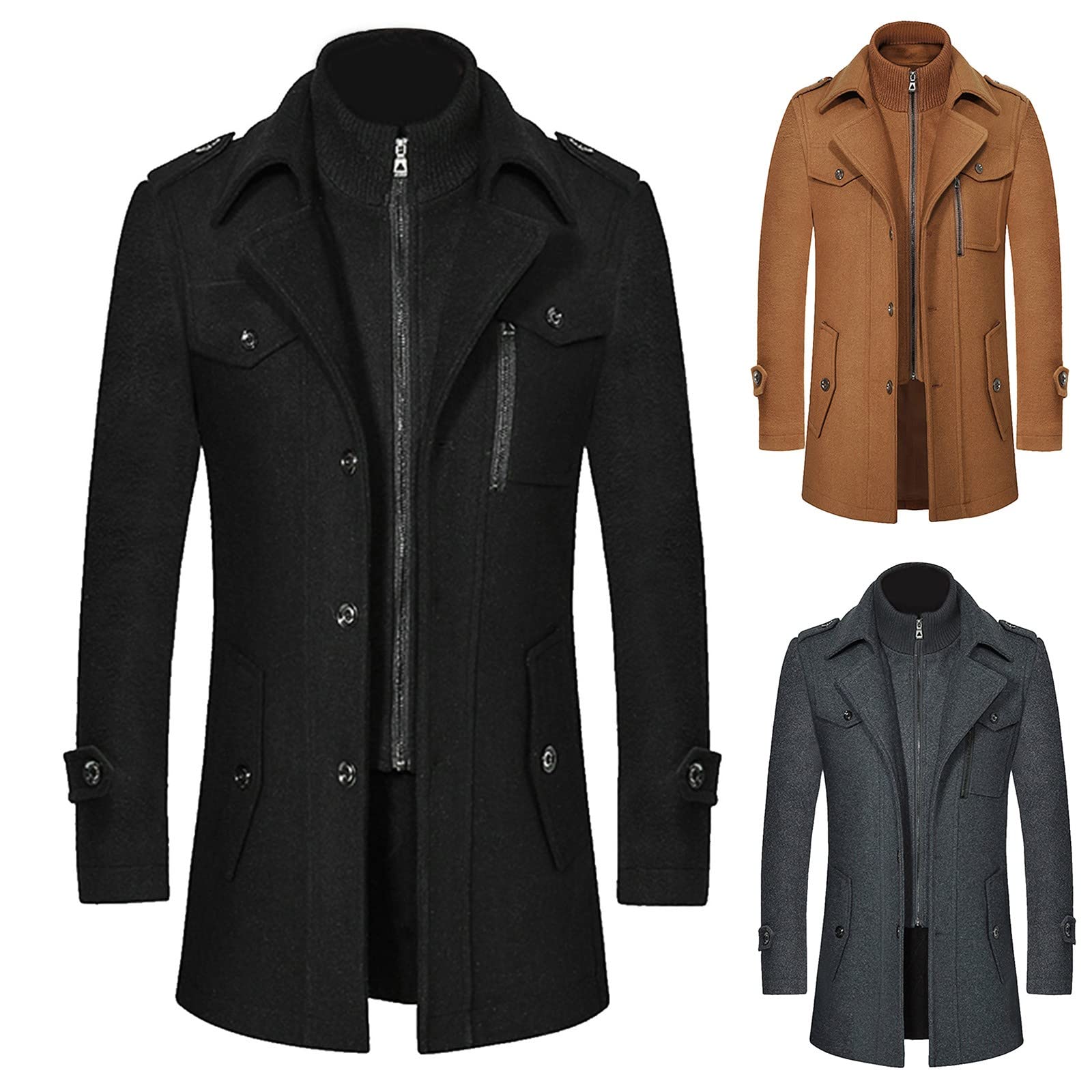 Abrigo de lana de doble cuello otoño e invierno, para hombre, de lana de media larga, de lana de manga larga, para hombre, cálido, cálido, informal, con bomberos, chaqueta cómoda