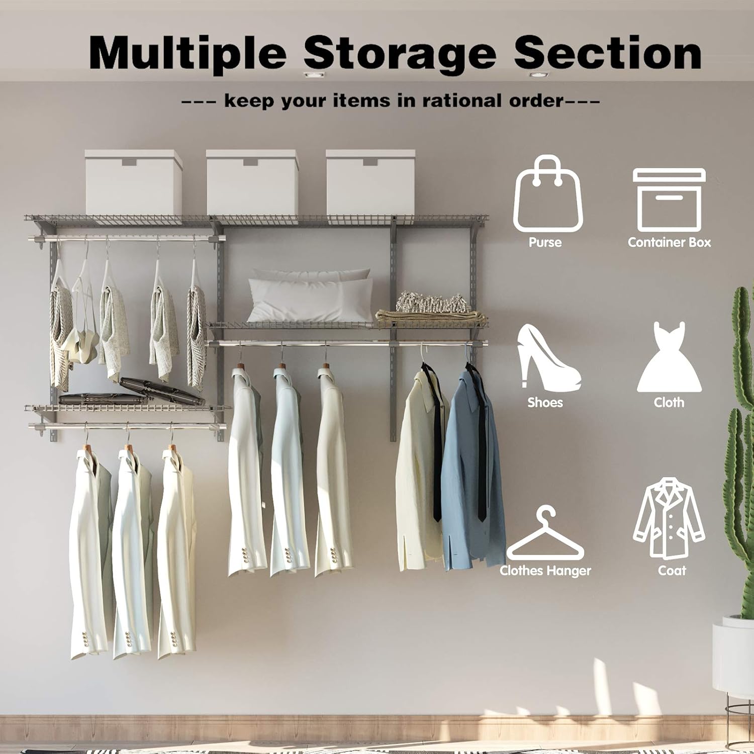 Tangkula 3 to 5 FT Custom Closet Organizer System Kit, Wall-Mounted Storage Organizer with Wire Shelving and Hanging Rods, Adjustable Closet Organizer Kit, Configurations Custom Closet for Bedroom