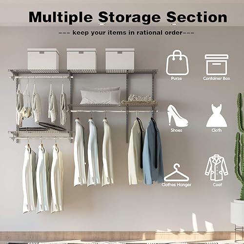 Miniatura 33 de Tangkula 4 to 6 FT Custom Closet Organizer System Kit, Wall-Mounted Storage Organizer with Wire Shelving and Hanging Rods, Adjustable Closet Grey
