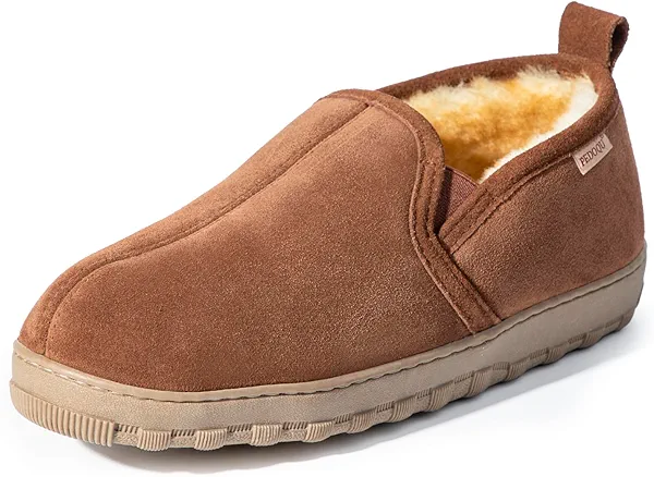 PEDOQU Mens Slipper With Suede leather Upper Shearling lined Sheepskin Insole And Memory Foam Rubber Outsole, Closed Back Double Gore And Indoor Outdoor House Slippers For Men