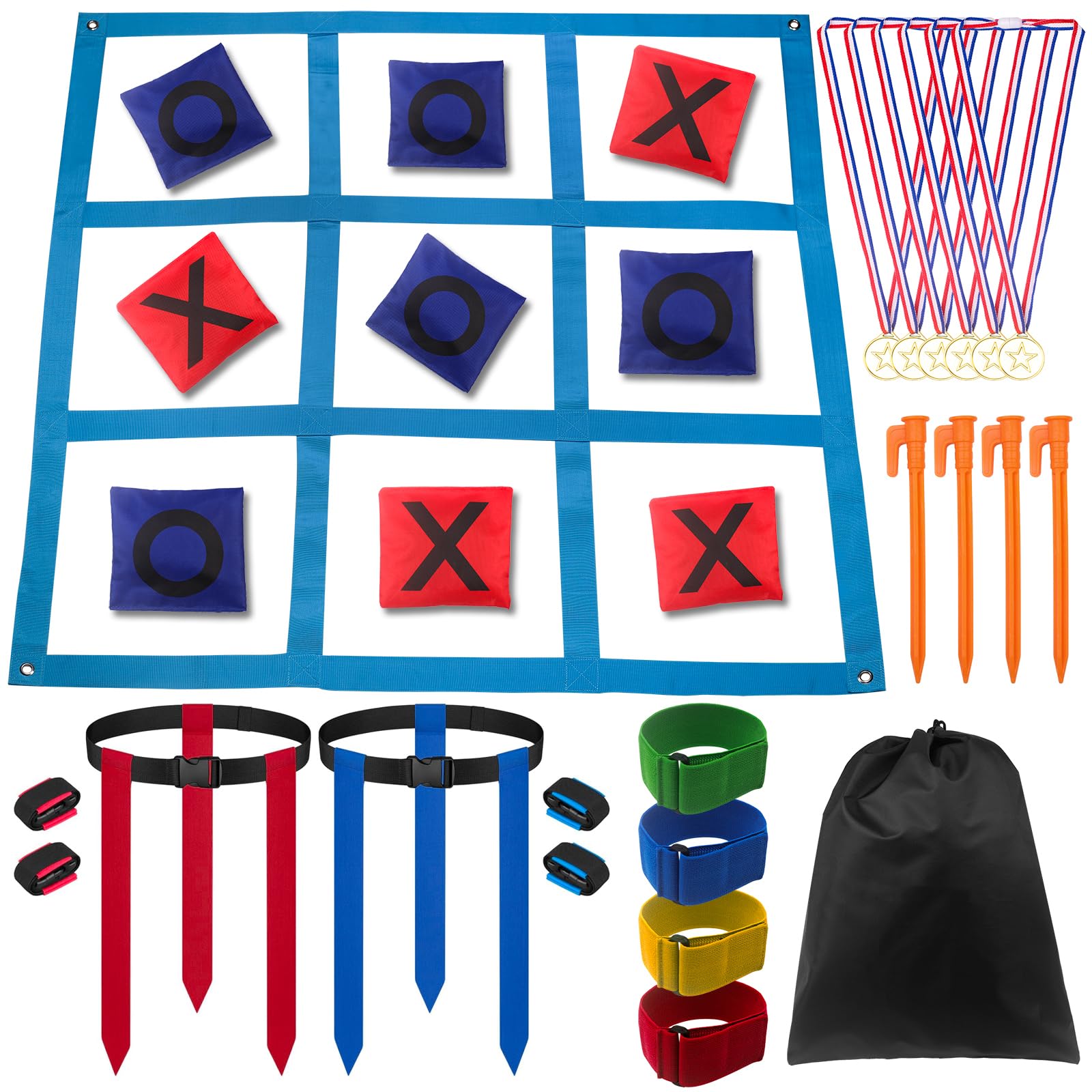 Outdoor Game Set, Kanosan Outside Giant Tic Tac Toe Bean Bag Toss Games,3 Legged Race Bands, Catch Tail Game, Field Day Birthday Party Family Reunion Carnival Yard Lawn Easter Games 28PCS