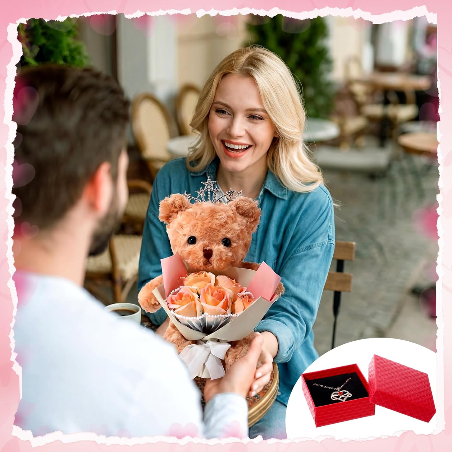 Mother's Day Bear Flower Bouquet Rose for Women Artificial Rose Bouquet Gift Box with Plush Bear Greeting Card Love Gift for Girlfriend Mother Wife Anniversary Birthday(Orange)