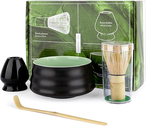 Kit de inicio de matcha de 4 piezas – Tazón de cerámica matcha, batidor de bambú, cuchara y soporte – Juego de té matcha tradicional japonés para