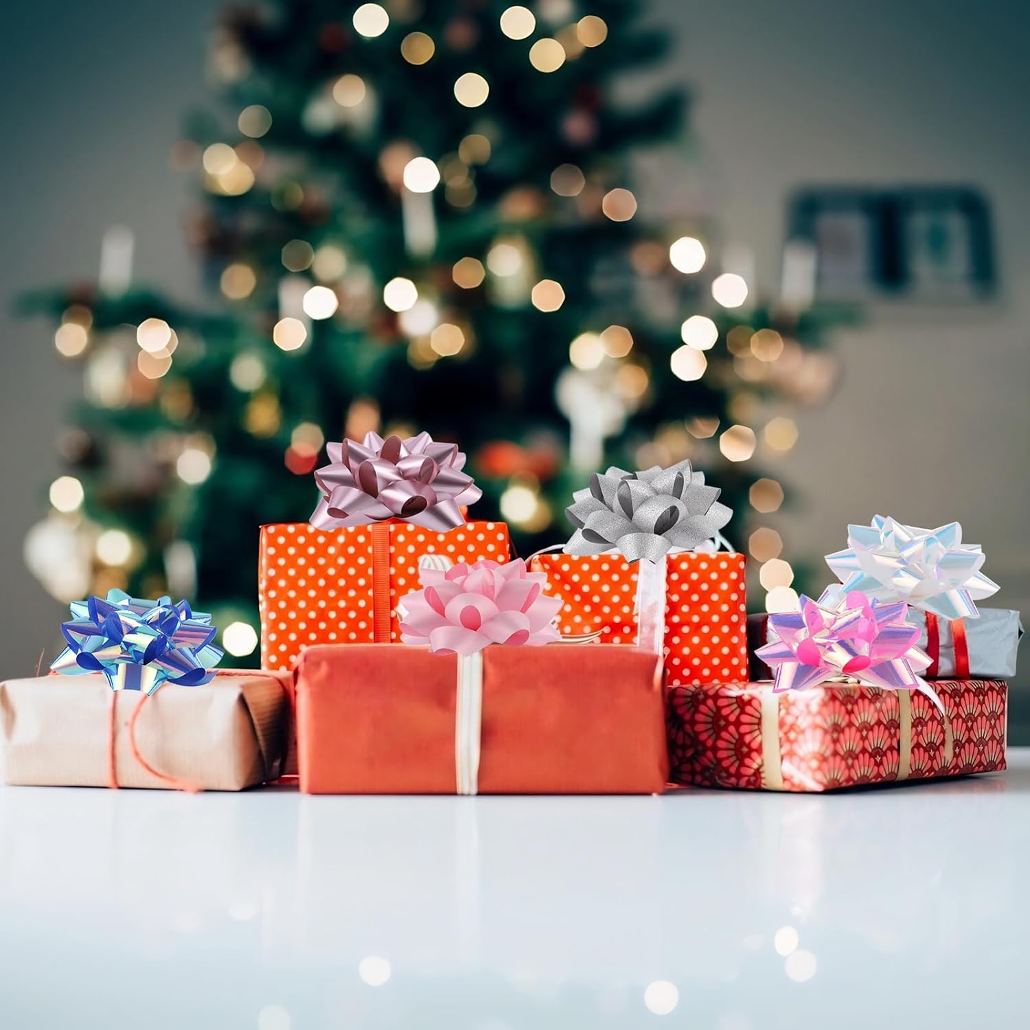 DYSHIPEN 16 Pcs Gift Bows,Bows for Gift Wrapping and Presents,2 Crimped Curling Ribbons,2 Curly Bows,Christmas Bows,for Parties, Birthdays, Weddings. (Pink, 3.5in+2.5in) - Image 6