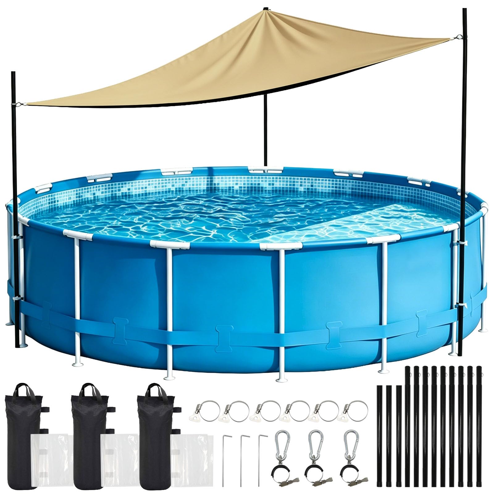 Photo 1 of 13×13×13Ft Above Ground Pool Canopy, Pool Shade Canopy Set, UV Triangle Awning with Poles Stakes Weight Bags, Black Coated Polyester Windproof Shade for Inground Pool, Patio, Backyard & Camping