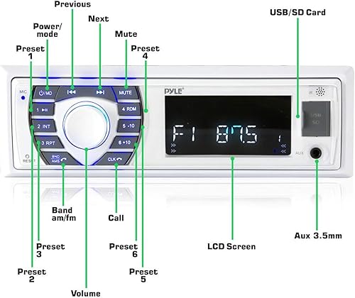 Miniatura 2 de Pyle Receptor estéreo marino Bluetooth - Radio de barco DIN individual de 12 V con LCD digital - RCA - MP3 - USBSD - Radio AMFM - Control remoto -