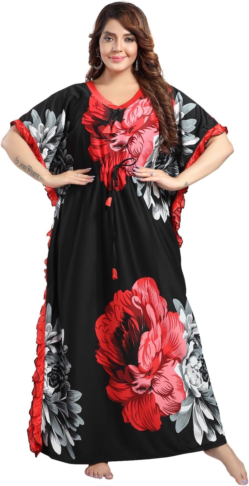 Womens Satin Fancy Design Square Pattern Ankle Sleeves with Vneck Ribbon on The Waist Curves