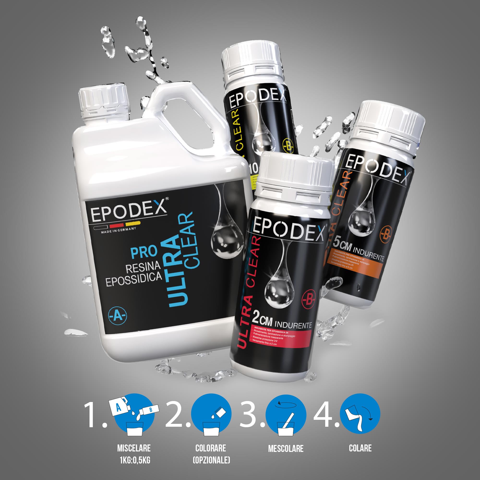 EPODEX Serie PRO, Resina epossidica trasparente kit cristallino per colate fino a 2cm, per rivestimenti, arte, fai da te, river table, lampade, gioielli e altro, 3kg