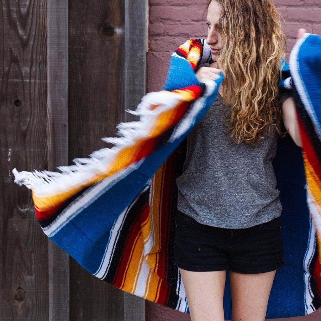 Open Road Goods Mexican Diamond Blanket - XL Heavyweight Yoga Blanket – Handmade in Mexico - Thick Boho Serape Saltillo Style Throw for Beach, Picnic, Home, Camping and More! (Sky Blue Sunset)