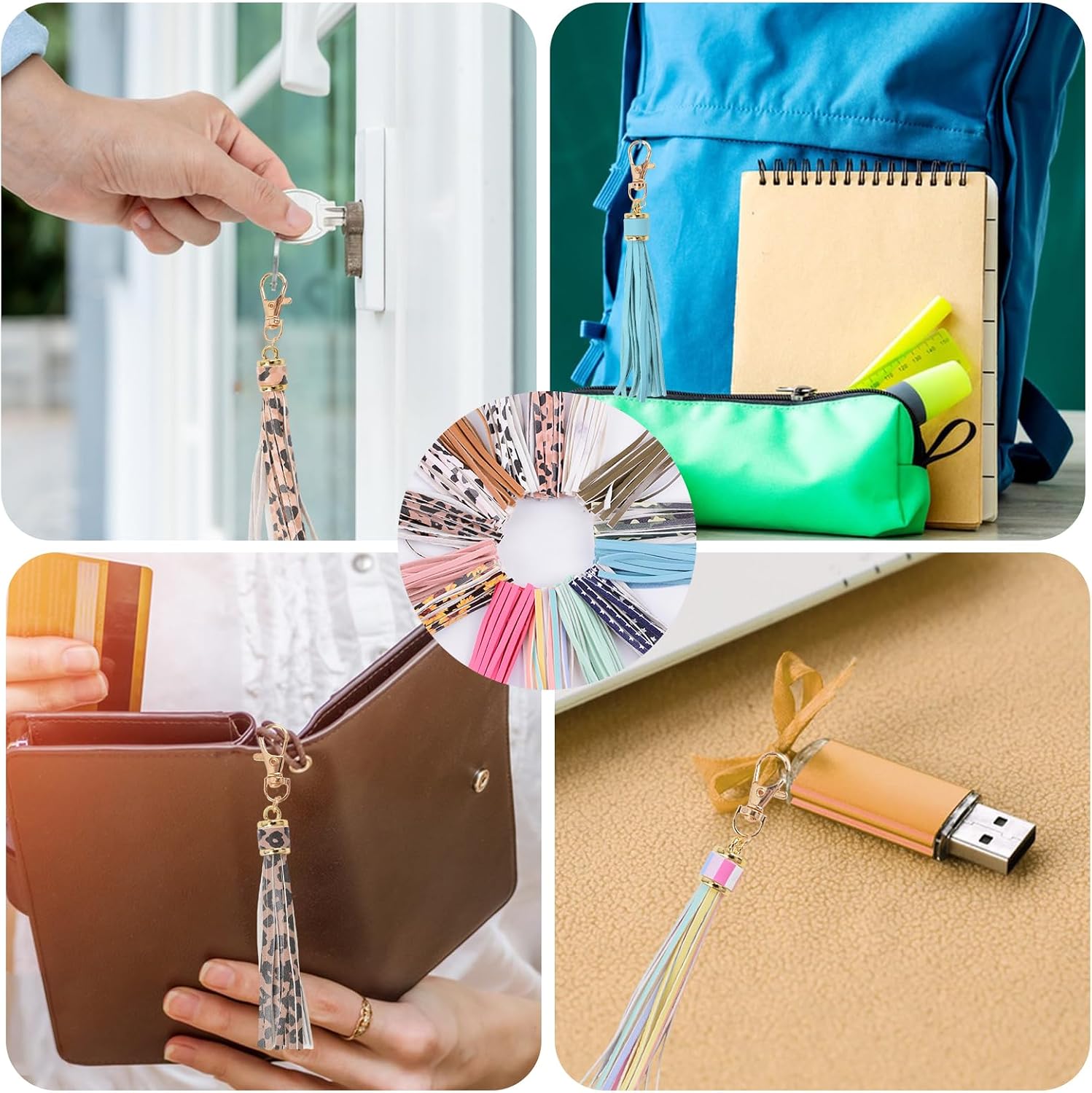 15 Pcs Faux Leather Tassels Pendant,Keychain Tassels PU Leather Colourful Leather Tassel Pendants with Caps Tassel DIY Keychain and Craft Supplies Bag Decoration