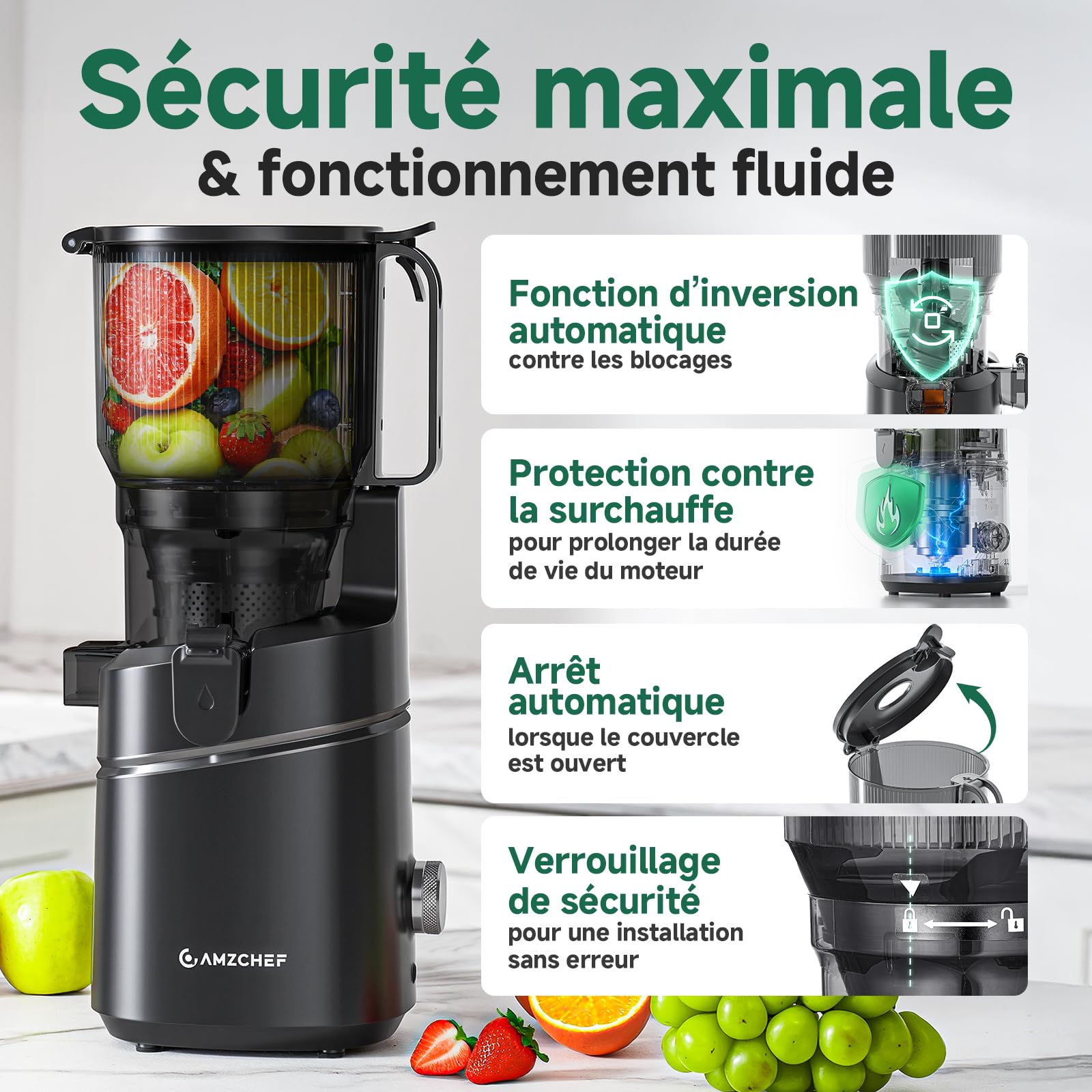 AMZCHEF Extracteur de jus automatique, grande ouverture de 165 mm