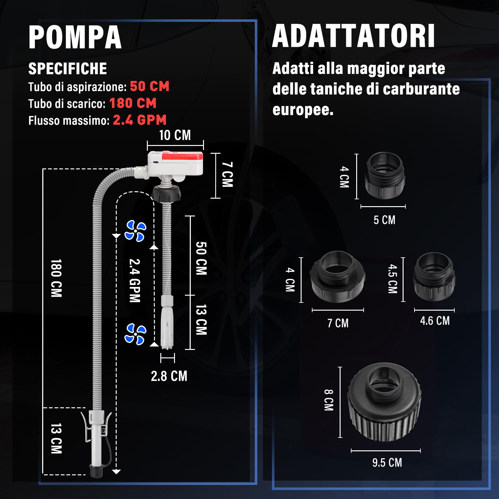 Pompa di Trasferimento del Carburante con Sensore di Arresto Automatico, travaso Benzina con 1,8M Tubo, Gasolio Elettrica con Adattatore di 4 Dimensioni