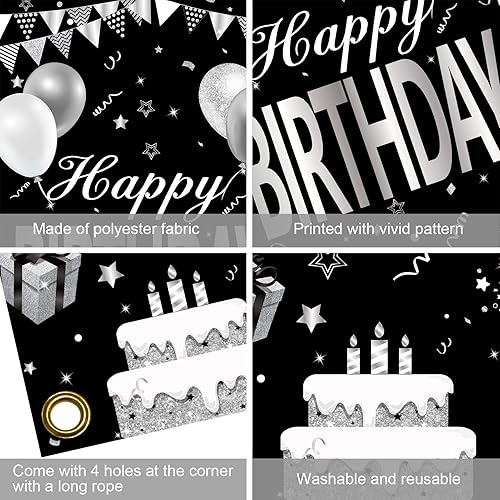 Miniatura 6 de Cartel de feliz cumpleaños negro y blanco plateado para hombres y mujeres, cubierta de puerta de feliz cumpleaños, suministros de fiesta, póster de