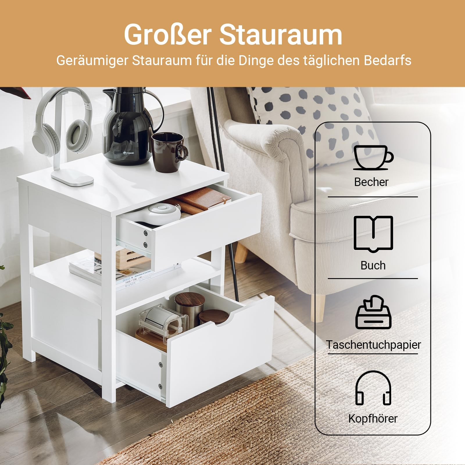 SoBuy Nachttisch mit 2 Schubladen und Ablage 45x38x55cm | Moderner Beistelltisch mit Stauraum für Schlafzimmer, Aufbewahrungsschrank Weiß FRG258-II-W