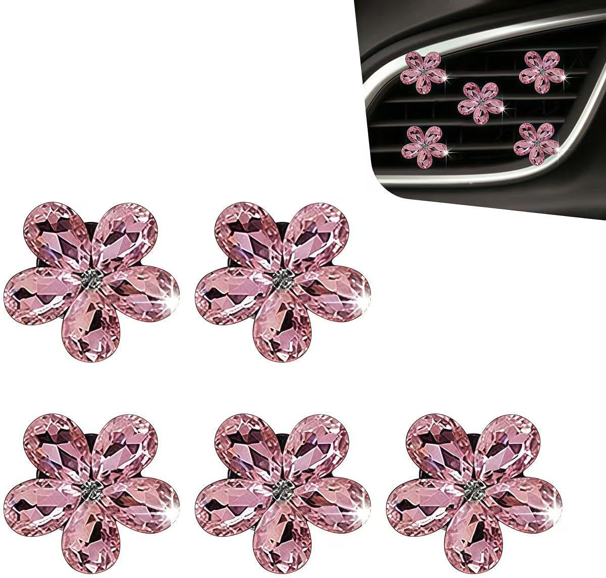 5PCS Bling Flower Air Vent Clips, Cute Daisy Flower Air Vent Clip, Diamond Air Conditioning Outlet Clip, Rhinestone Decor Accessories for Women Girls, Five-Petaled Flower A/C Clamp (White)