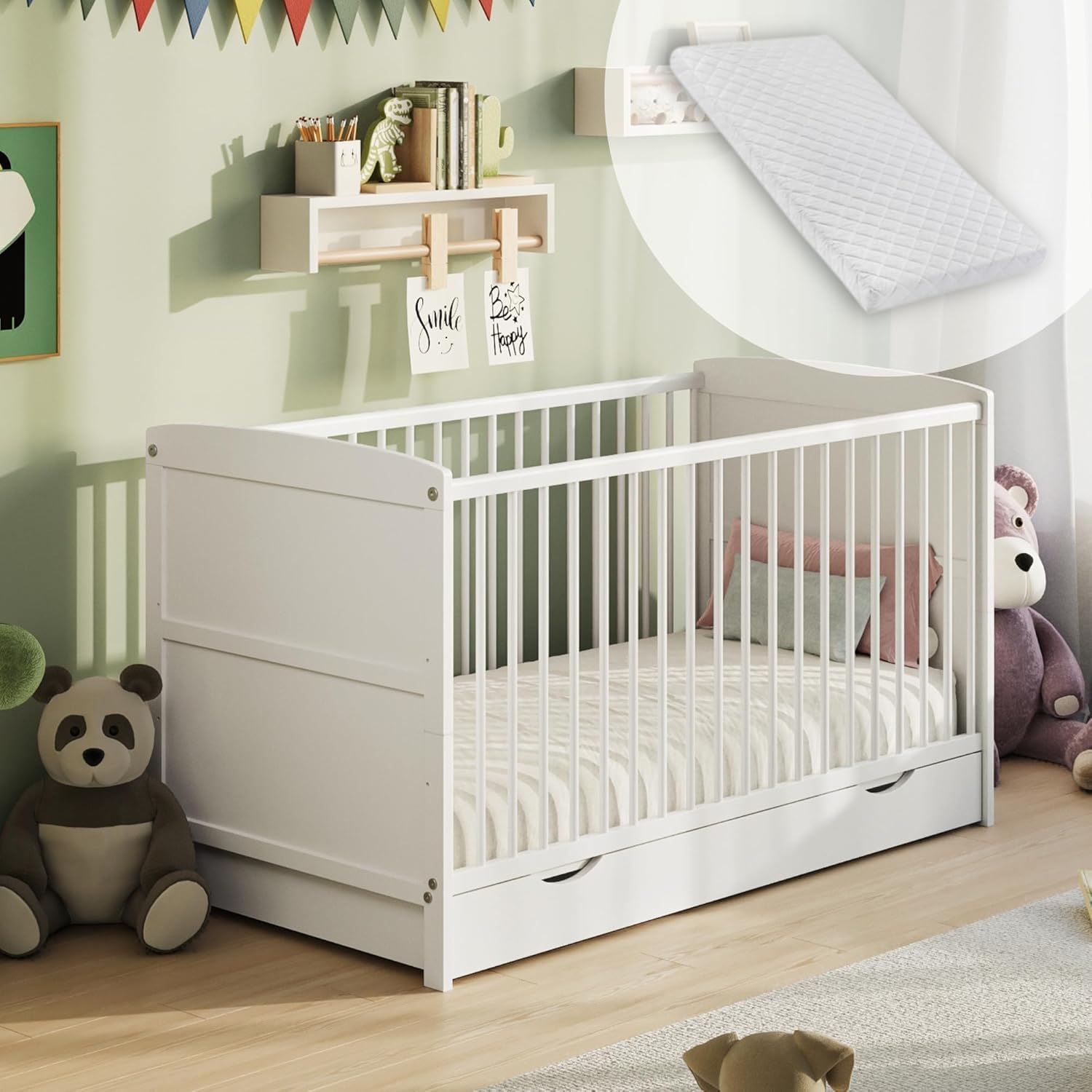 Kids Collective lettino per bambini 70x140 cm con cassetto, regolabile in altezza con sbarre rimovibili, con materasso | altre dimensioni: 70x140 cm, 60x120 cm | dalla nascita fino a 6 anni | bianco