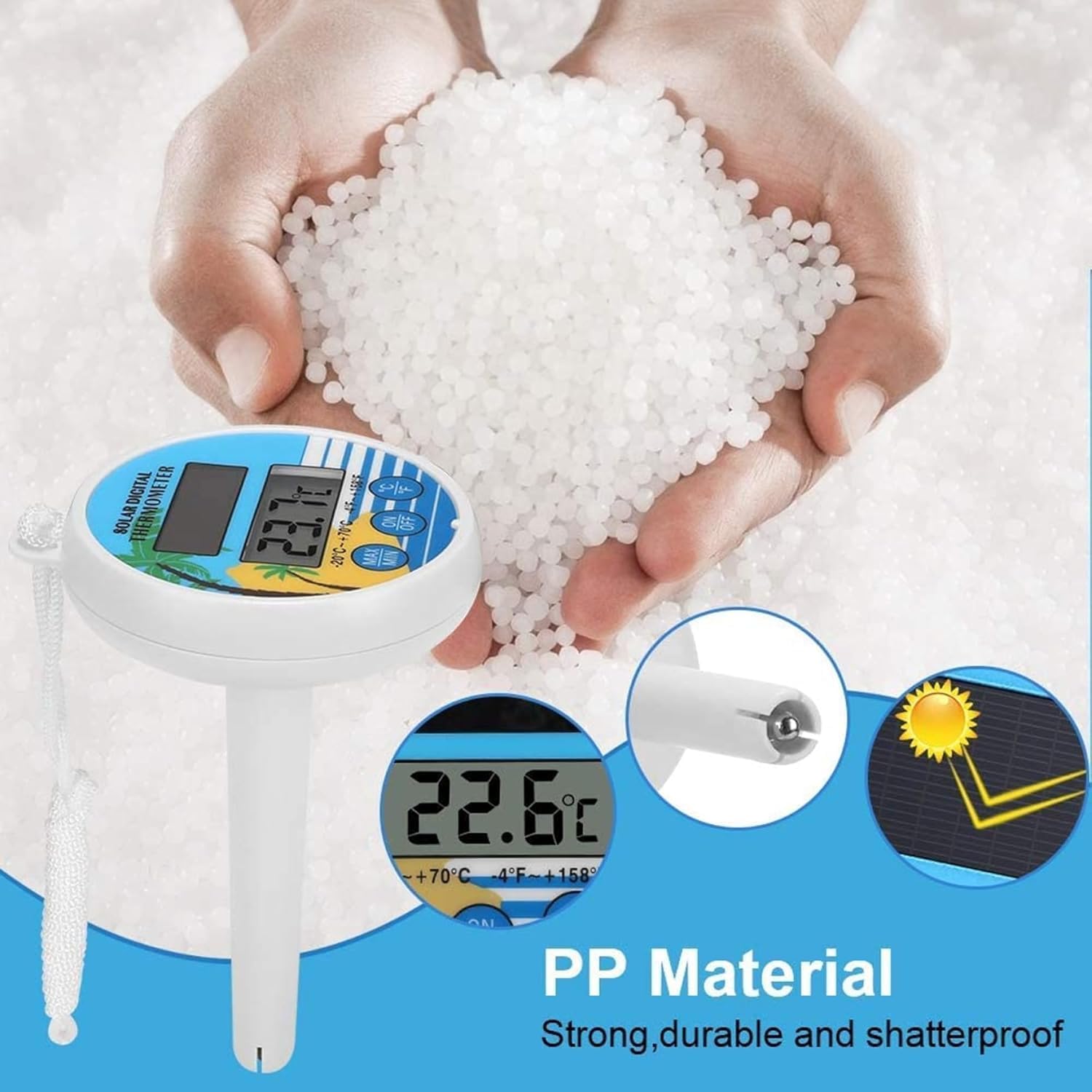 Schwimmendes Pool Thermometer, Solarbetriebenes Wasserthermometer mit Großem, Gut Lesbarem LCD-Display – Wasserdichtes Digitales Poolthermometer mit Schnur für Pool, Whirlpool und Spa