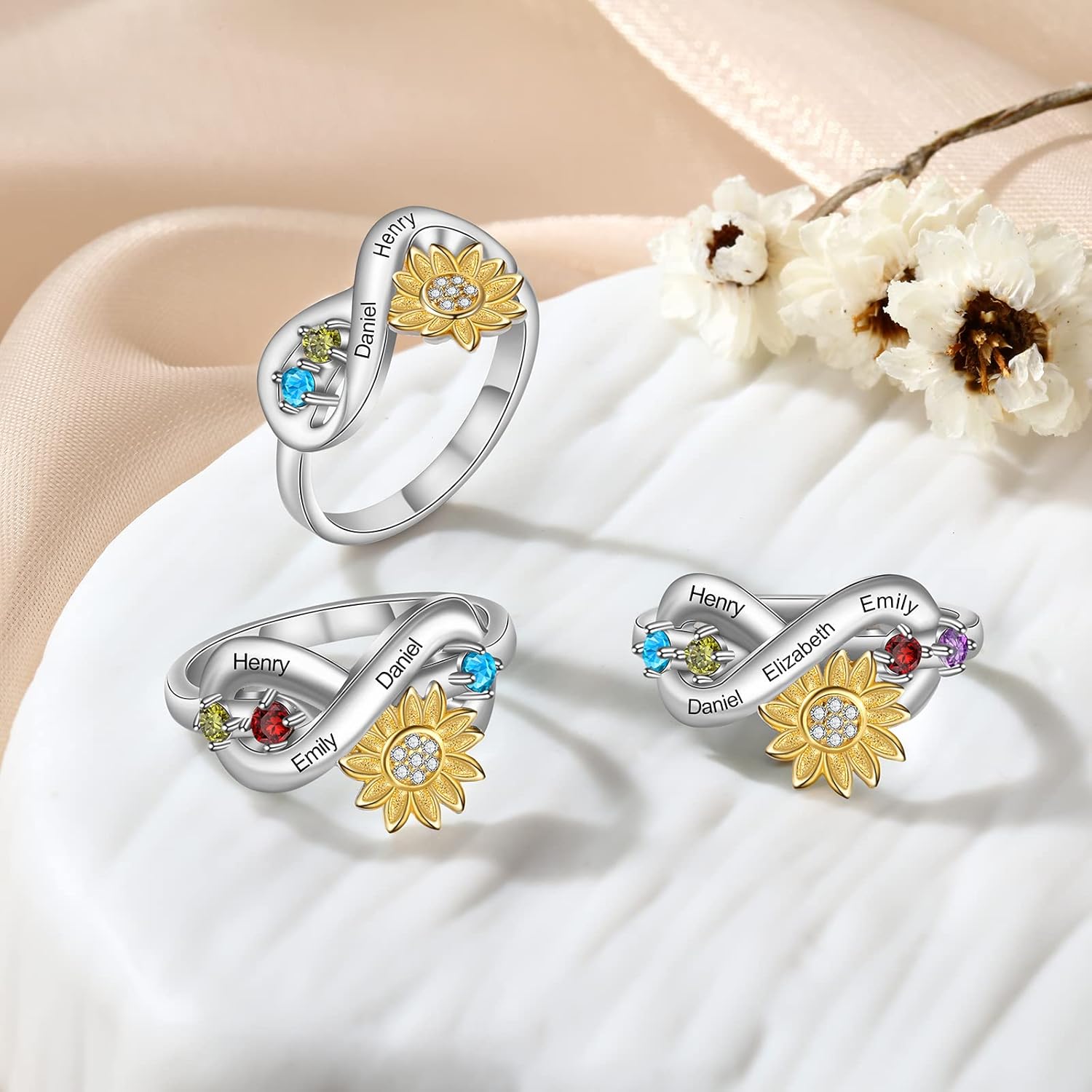 ALBERTBAND Sunflower Ring LanM Personalized 3 Birthstone Rings for Women Custom Infinity Heart Rings Engraved Rings with Names Mothers Day Rings for Women Mom Grandma Wife Daughter Her