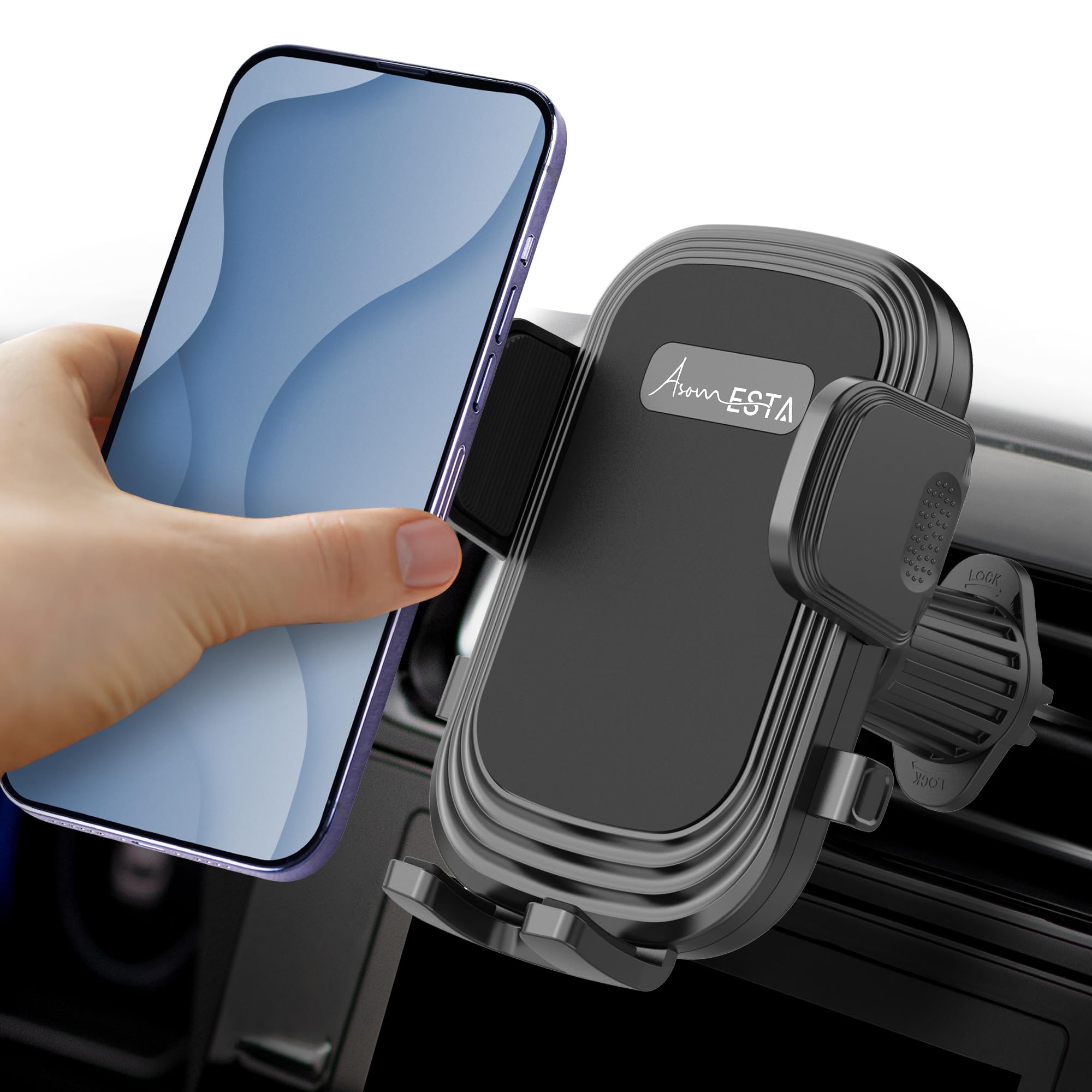 AsomESTA Mobile Holder for Car - Car Phone Holder - Car Mobile Holder, Quick Install, Secure Grip, Compatible with iPhones and Android Smartphones 4-7” Wide