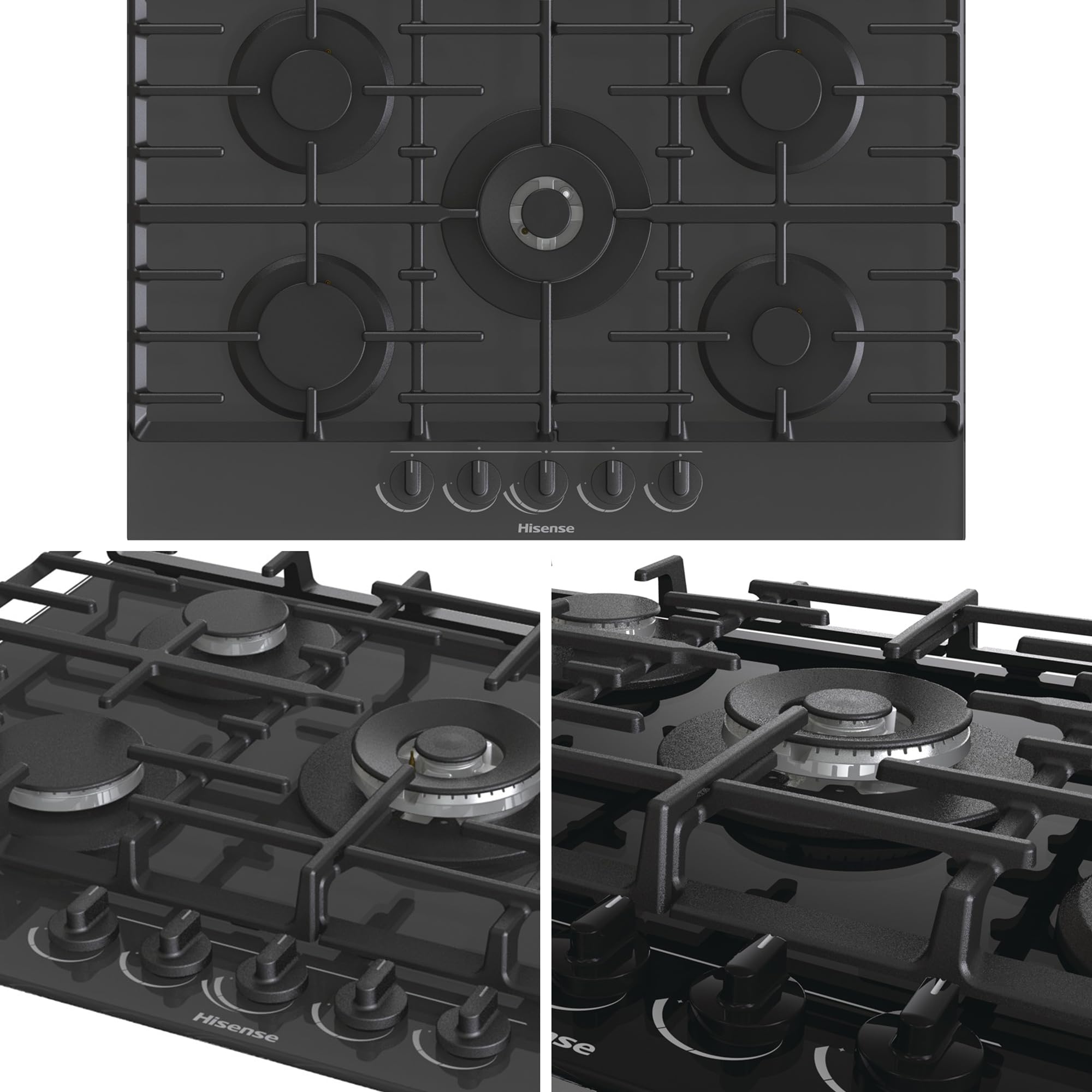 Hisense GG773B - Placa de Gas 5 Zonas, 1000W, Fondo 52cm, 5 Quemadores de Gas, Soporte de Hierro Fundido, Encendido con una mano, Quemador Wok, Superficie de fácil limpieza, Cristal Negro