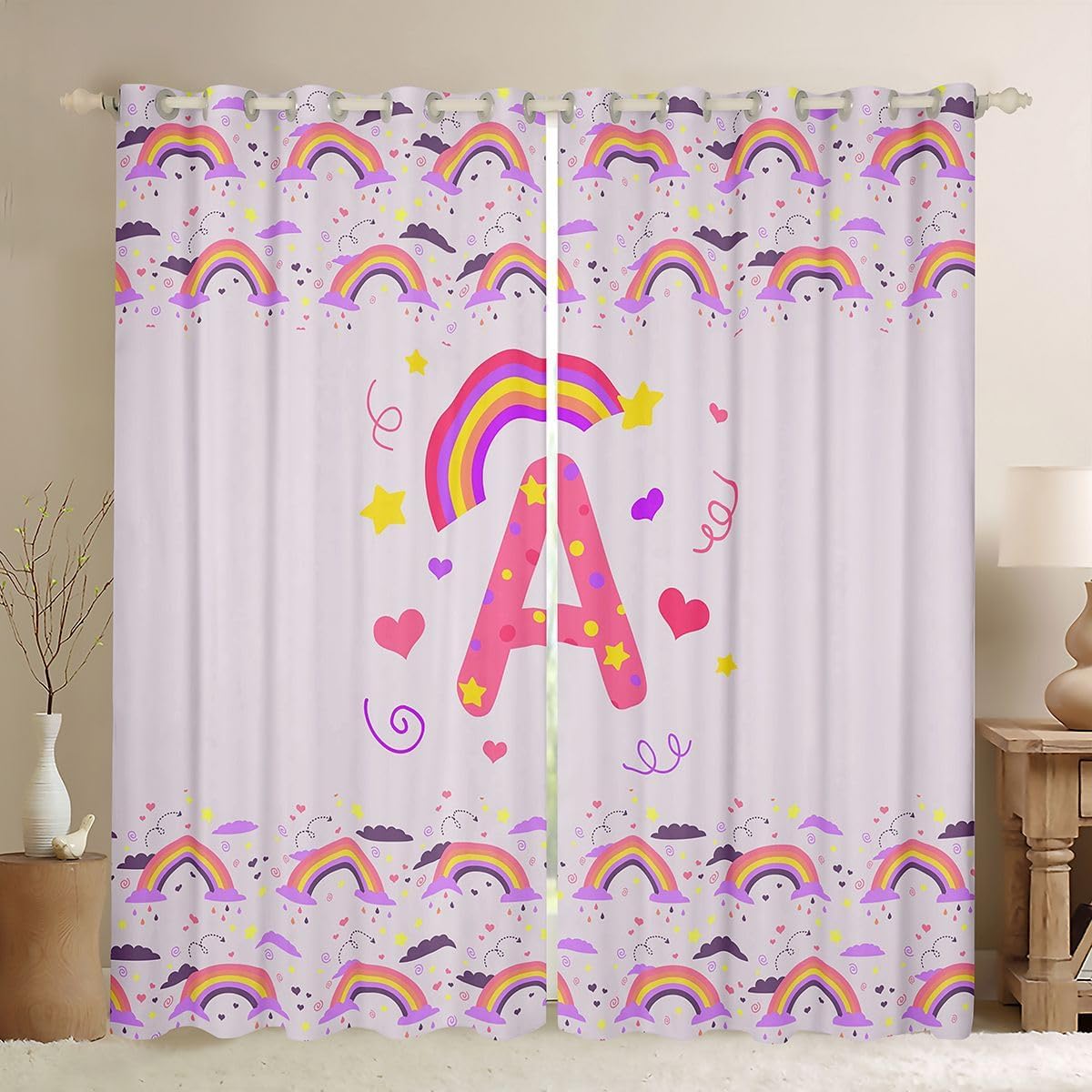 Feelyou Cute Purple Rainbow Curtains for Bedroom Living Room Personalized Initial A Blackout Darkening Drapes Heart Window Treatments, 2 Panels 38 x 45 Inch Love Room Decor Kawaii