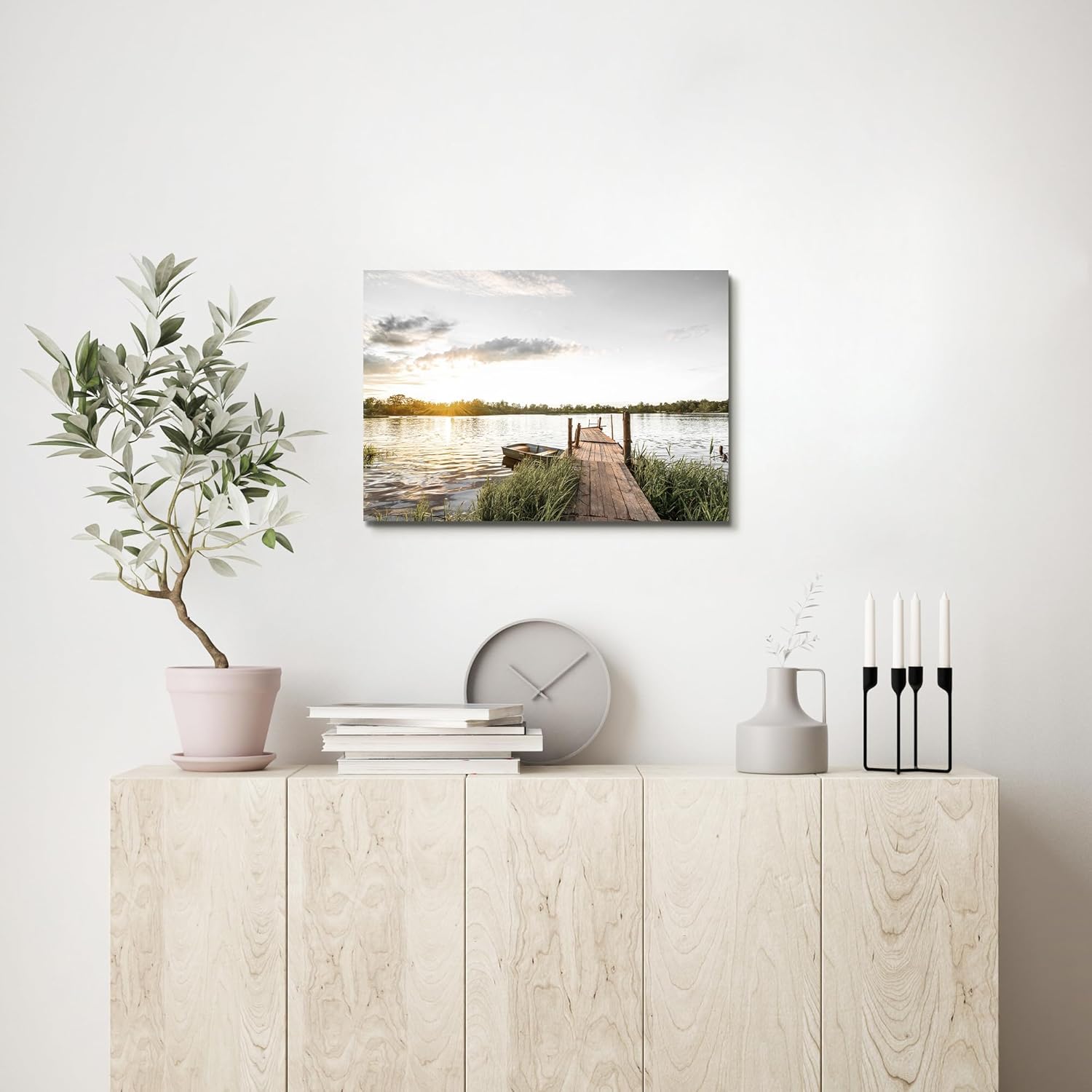 Sea Whisper Lake Sunset Canvas Wall Art: Boat Picture Nature Landscape Prints Lakeside Reed Painting Dock Scene Artwork for Bedroom Living Room Home Office