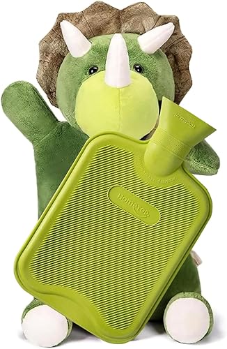 HomeTop Botella clásica de goma para agua caliente y fría con bonita cubierta rellena de triceratops (2 litros, verdetriceratops)
