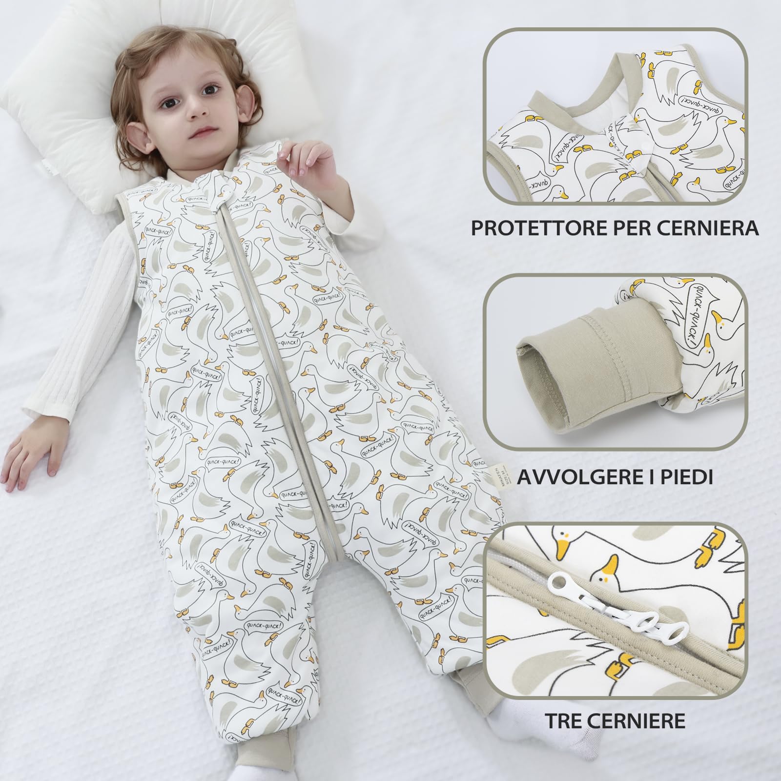 MIKAFEN Bambini Sacco nanna invernale con gambe 2,5 Tog,100% cotone,Sacco nanna con piedini,85-95 cm/18-36 mesi,Anatra