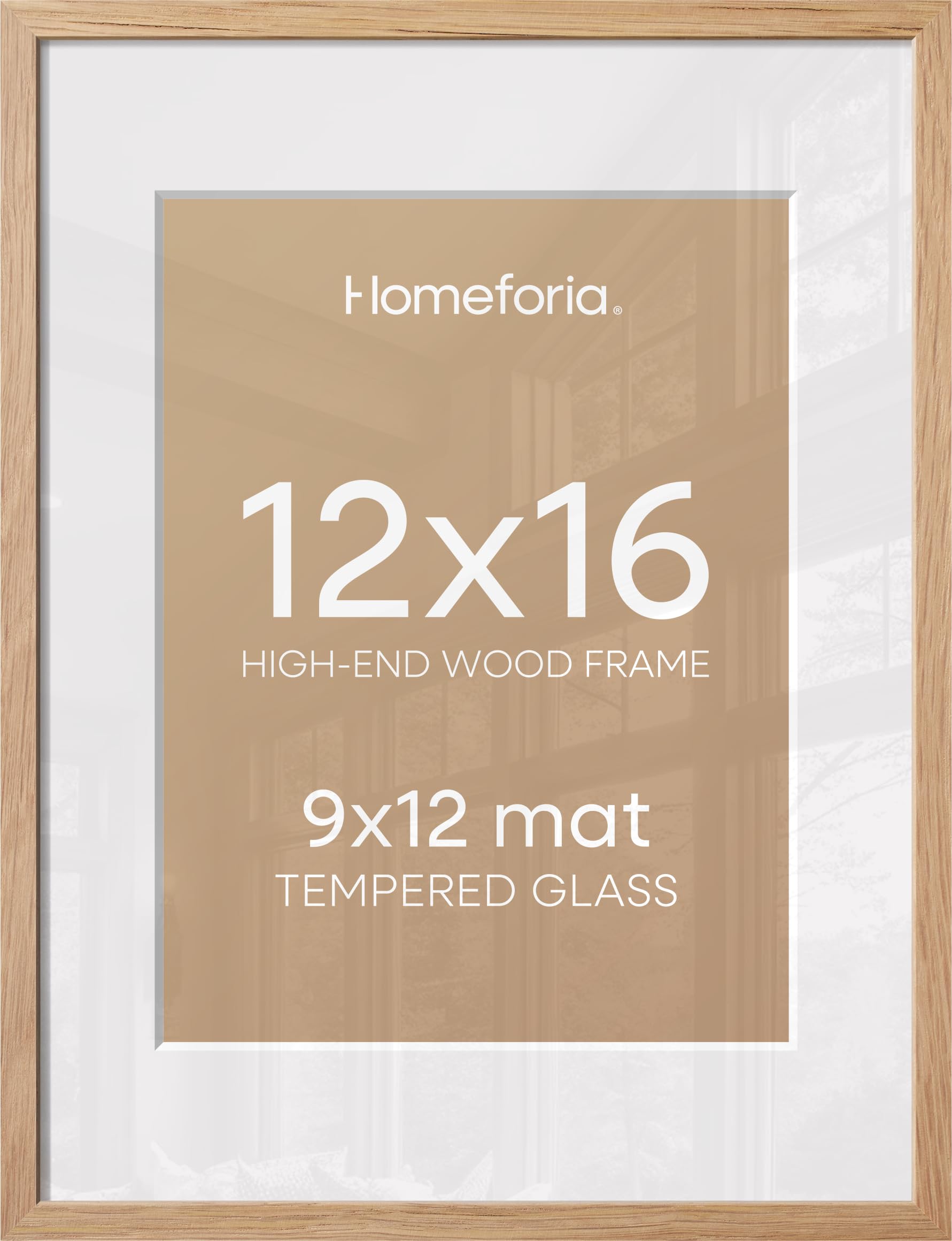 Homeforia 12x16 Natural Oak Picture Frame, High-End Wood, 9x12 Mat, Glass | High End Solid Oak Wood, Tempered Glass, Acid-Free 9x12 Removable Mat, 12x16 Edge-to-Edge Display 16x12, Wall Kit, Set Of 1