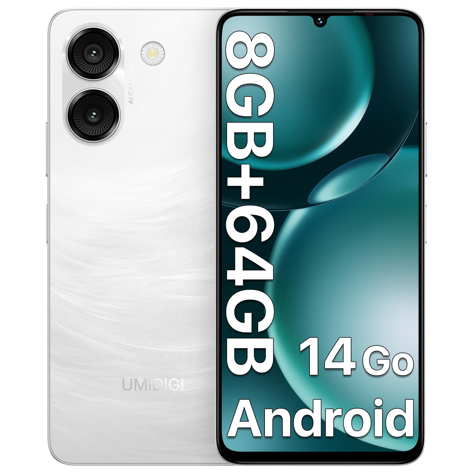 UMIDIGI G9A Smartphone, Android 14 Go Telefono Cellulare, 8GB+64GB/1TB Telefono, 6.75 Pollici HD Display, 4G Dual SIM Telefoni, Octa-Core/13MP+8MP Fotocamera/Batteria 5000mAh/Face ID/GPS/OTG - Bianco