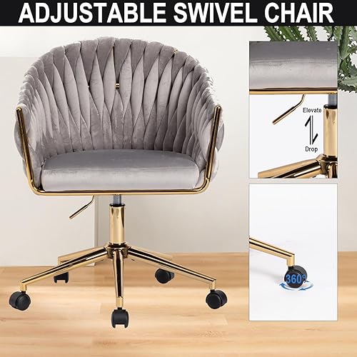 Miniatura 3 de Sillas de escritorio de oficina de terciopelo con base dorada, altura ajustable, respaldo medio, sillas de maquillaje con ruedas para mujer, sillas