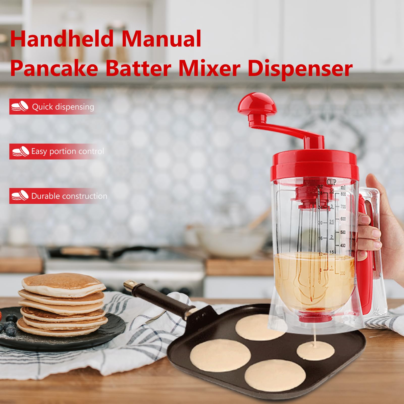 Pancake Cake Batter Dispenser, Handheld Cake Muffin Batter Blender Dispenser Batter Mixer Baking Tool with Measuring Label, for Cupcakes, Waffles, Muffin Mix