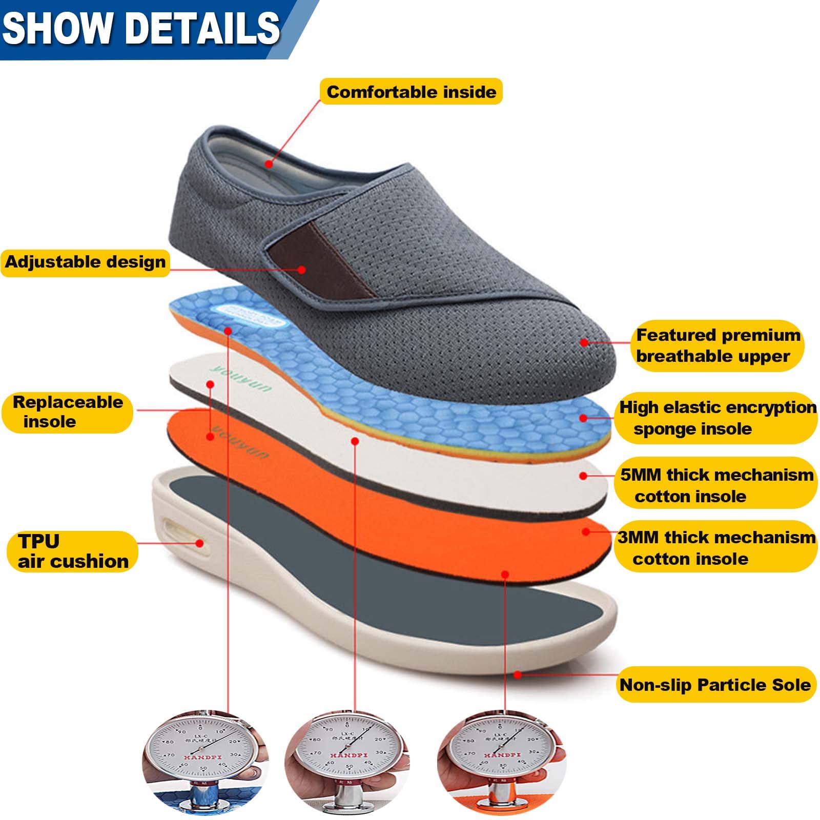 Scarpe Diabetiche Uomini,Regolabili Larghe diabetiche artrite Edema Piedi Scarpe Unisex EU 39(25.5cm/10in)