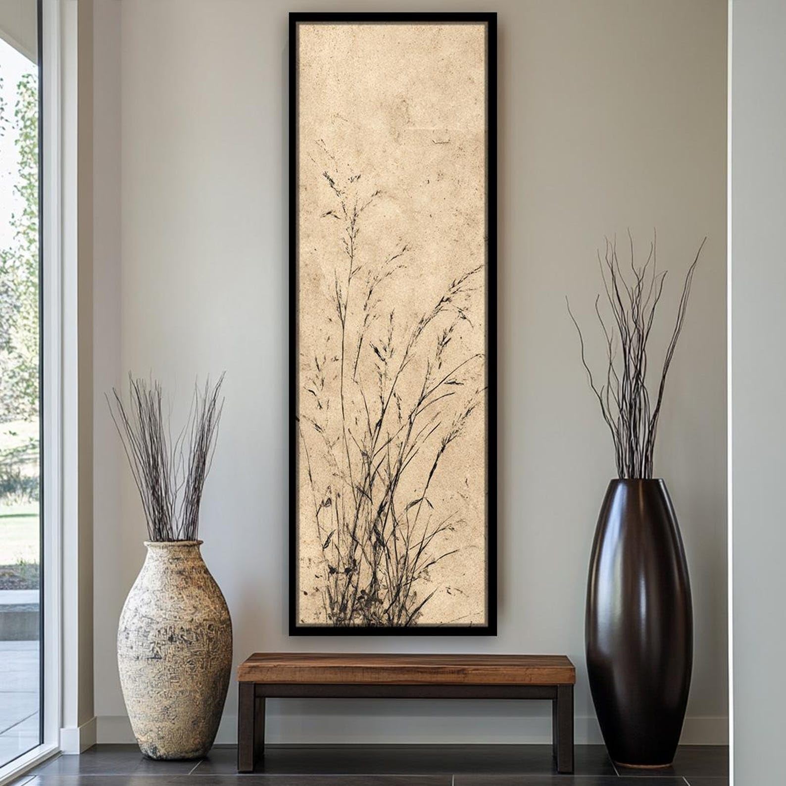 Yusuzhu Frameless Long Vertical Prints For Office, Tall Narrow Canvas Wall Art For Dining Room, Or Bedroom, Long Narrow Leaves Artwork(45X135cm/Frameless)