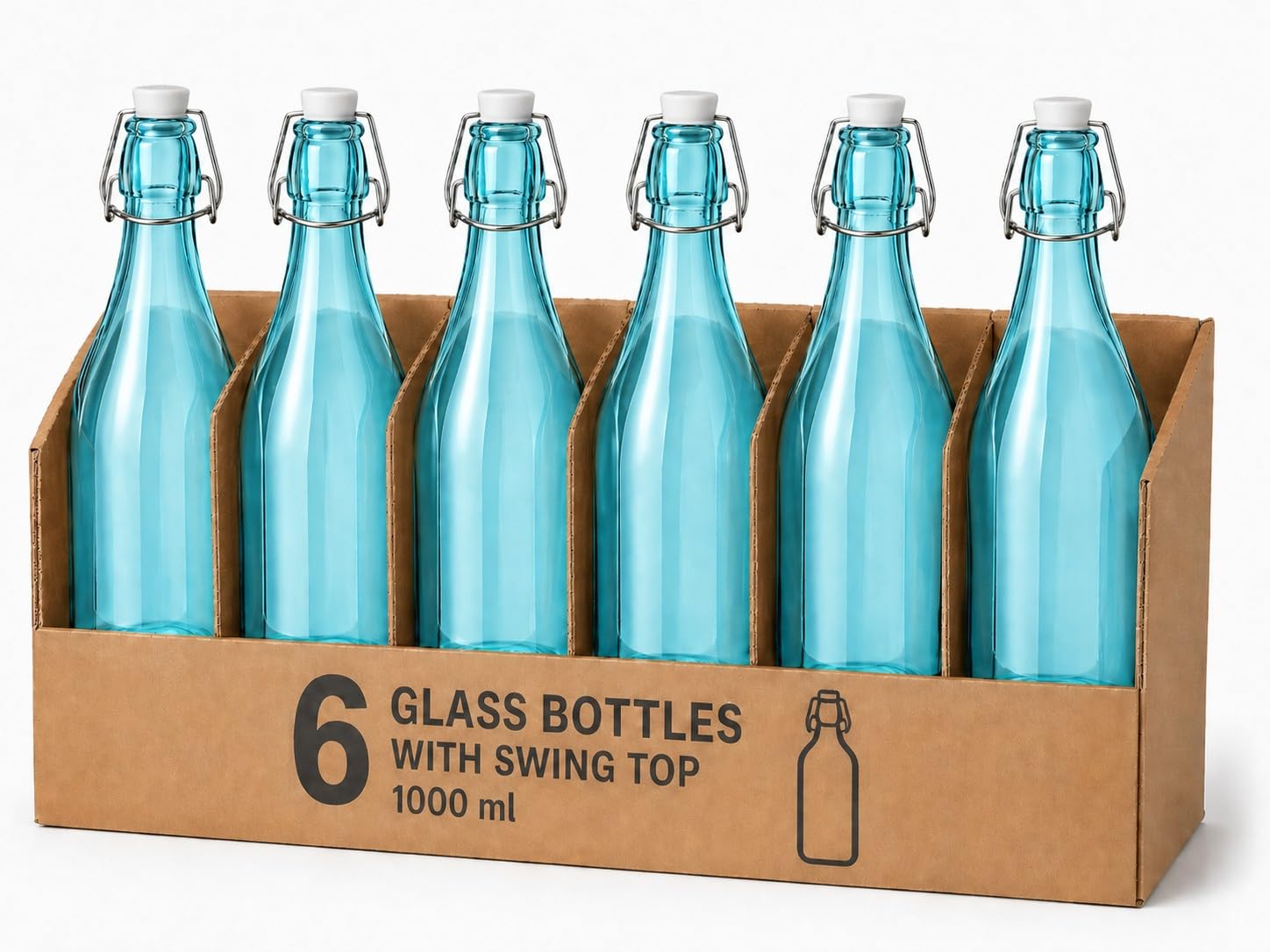 KWARE 1 Litre Traditional Vintage Style Glass Bottles with Swing Top Lids - Set of 6 Clear Bottles (Light Blue)
