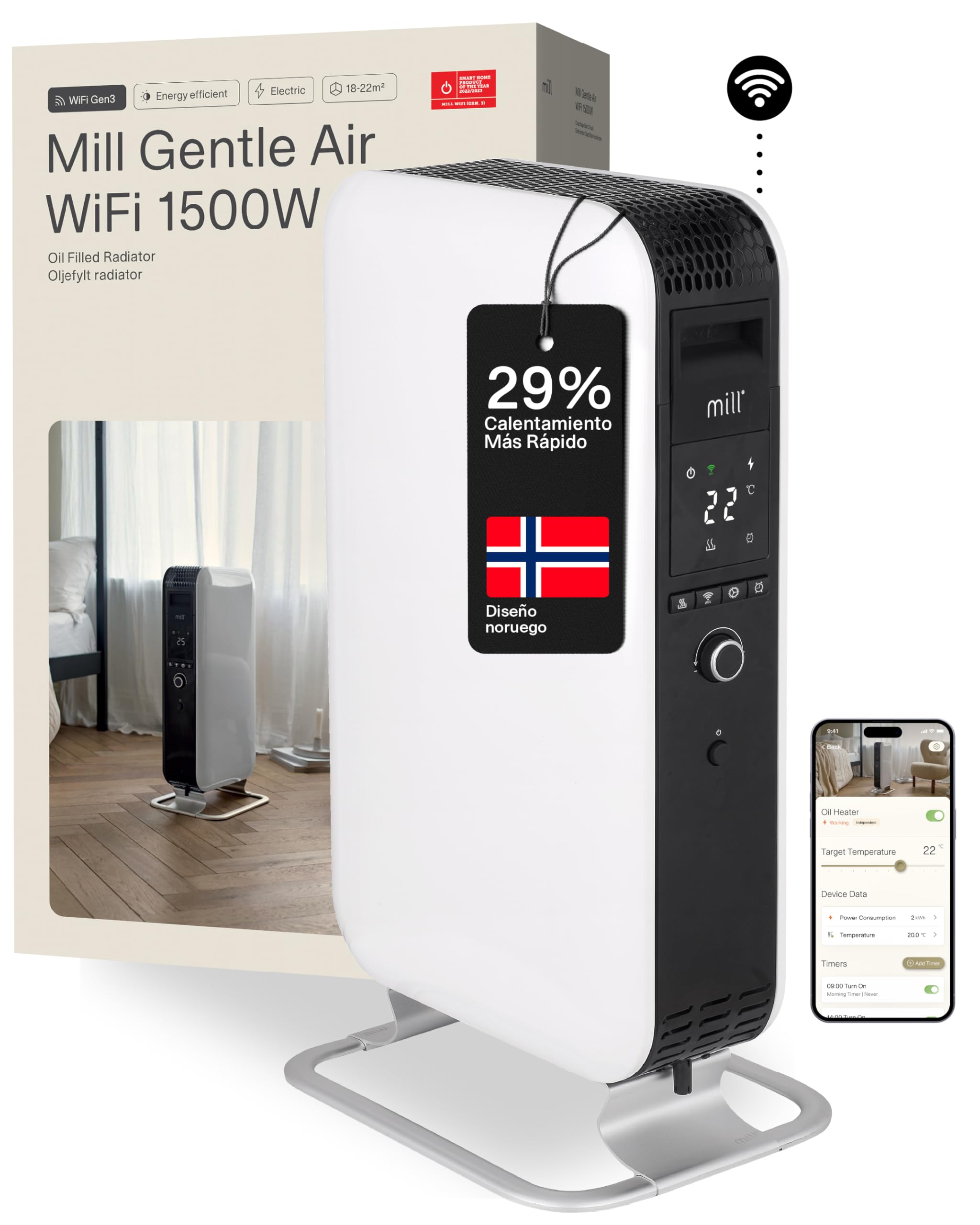 Mill Radiador De Aceite Inteligente WiFi 1500 W Con App, Para 18-22 m², Calefactor Eléctrico De Bajo Consumo, Silencioso Y Seguro, Radiador De Pie Diseñado En Noruega