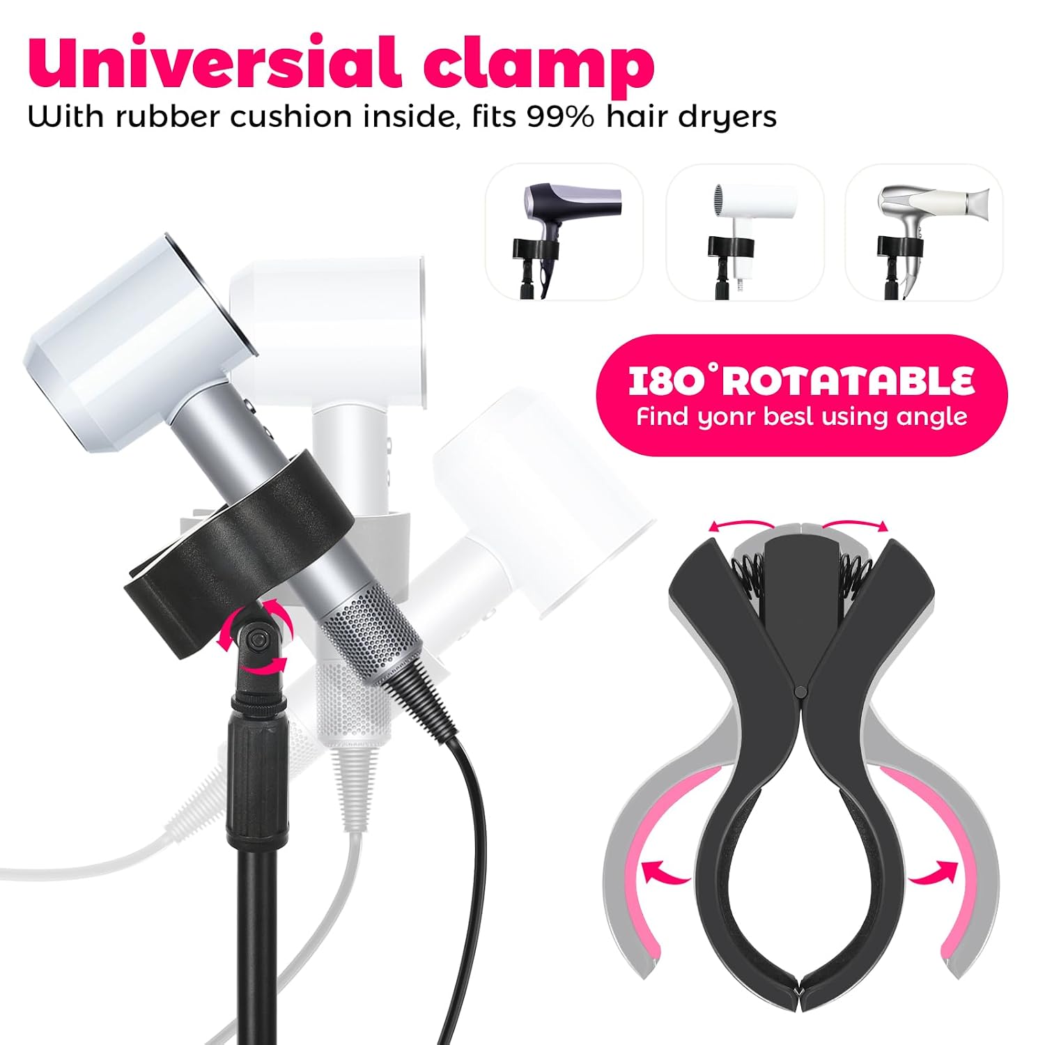 Hands-Free Hair Dryer Stand Holder with Strong Suction Base-63in/160cm Height Adjustable Floor Blower Stand Holder, 180 Degrees Rotatable Larger Clamp Countertop Blow Dryer Stand for Salons or Home Use