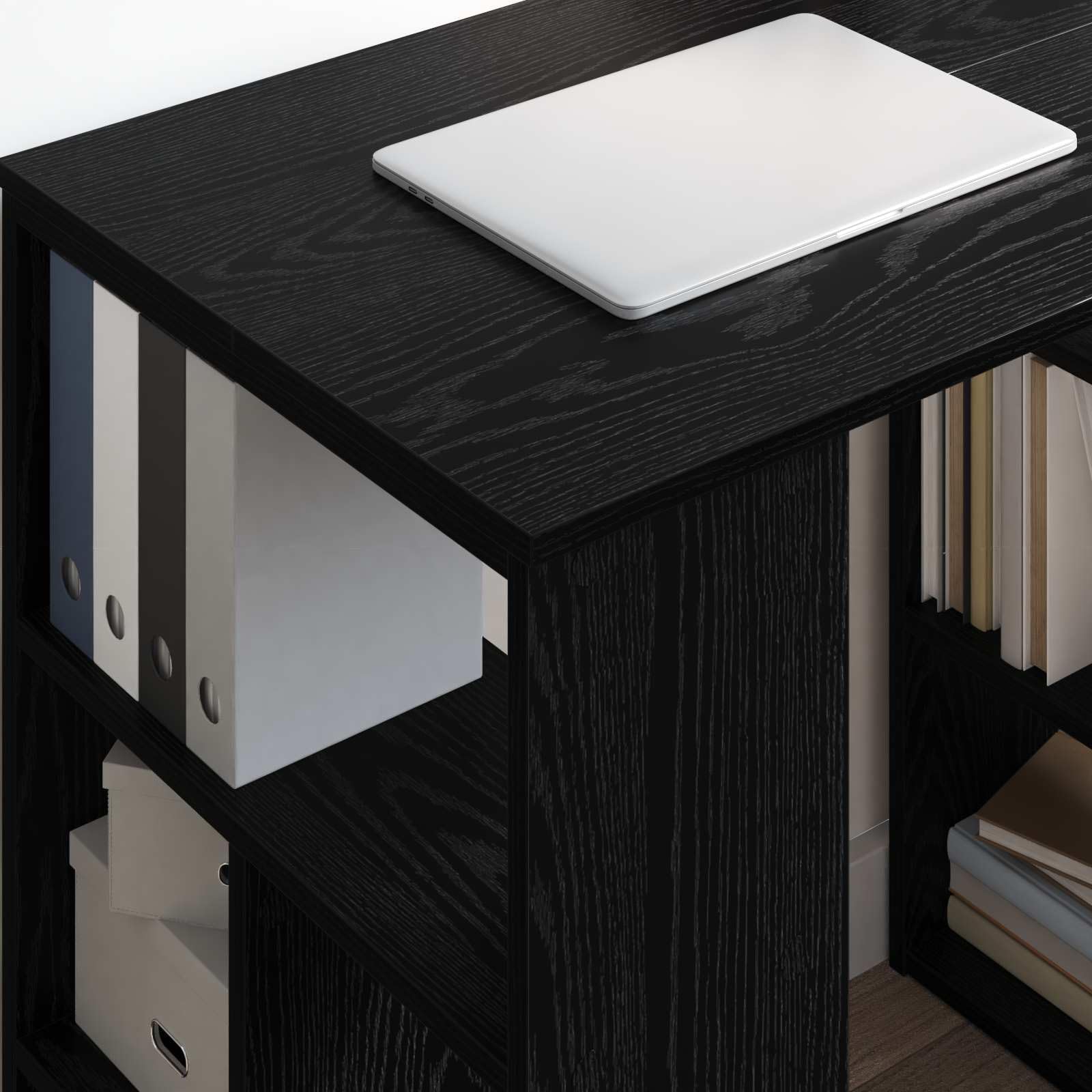 Biurko o wyglądzie czarnego dębu z materiału drewnopochodnego 90 x 50 x 75 cm z 4 półkami, stół biurowy do domowego biura, miejsce pracy z miejscem do przechowywania i segregatorami