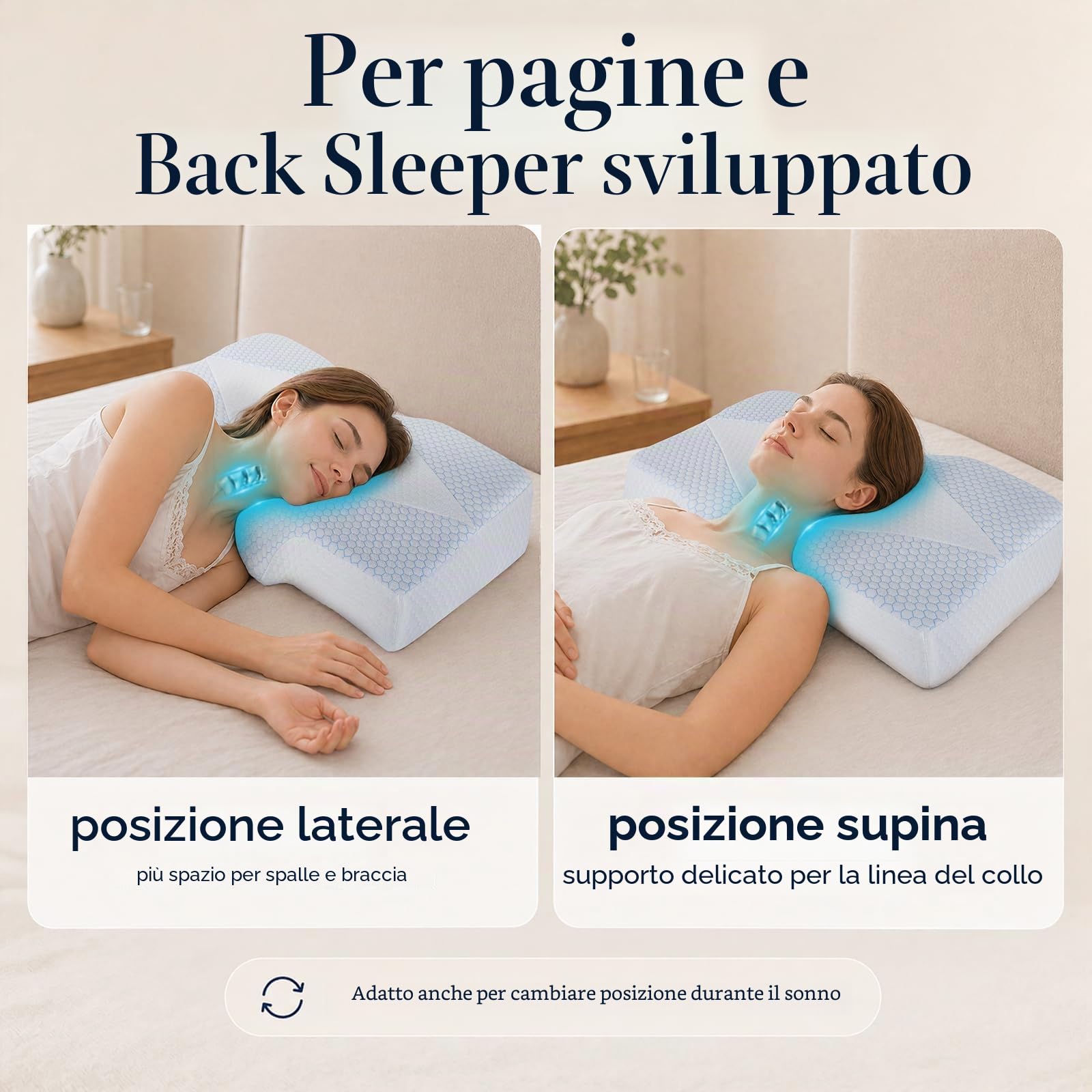 Cuscino cervicale in memory foam, cuscino ortopedico per il dolore al collo, cuscino ergonomico per il collo a 2 altezze, rivestimento lavabile rinfrescante, per chi dorme sul lato e sulla