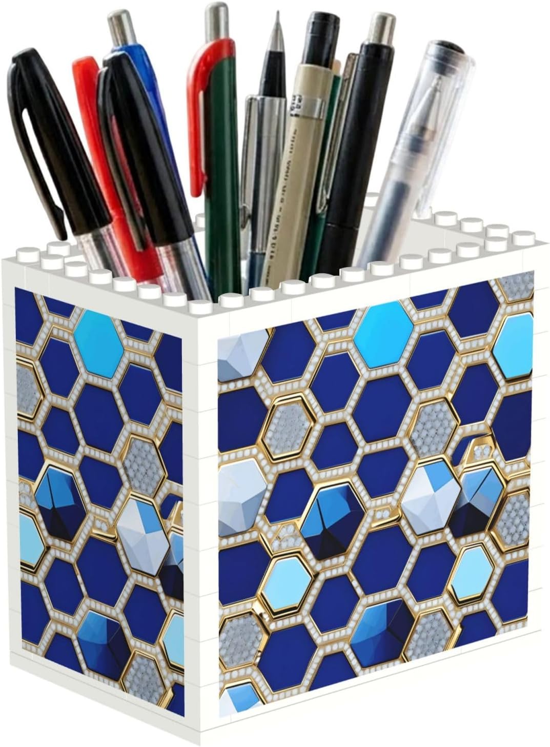 Blue Hexagons And Diamond Print Uv Print Block Pencil Cup, Detachable Creative Block Desk Organizer Office Abs Pen Holder