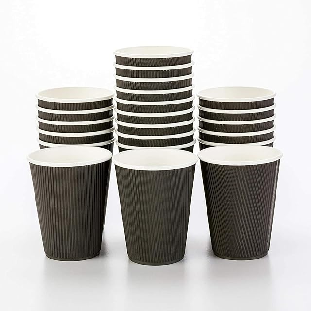 HOT BARGAINS, Disposable 12oz Kraft Black Paper Cups for Hot and Cold Drinks, Triple Walled Ripple Cups Ideal for Disposable Tableware for Takeaway Coffee Cups/Tea Restaurant (1)