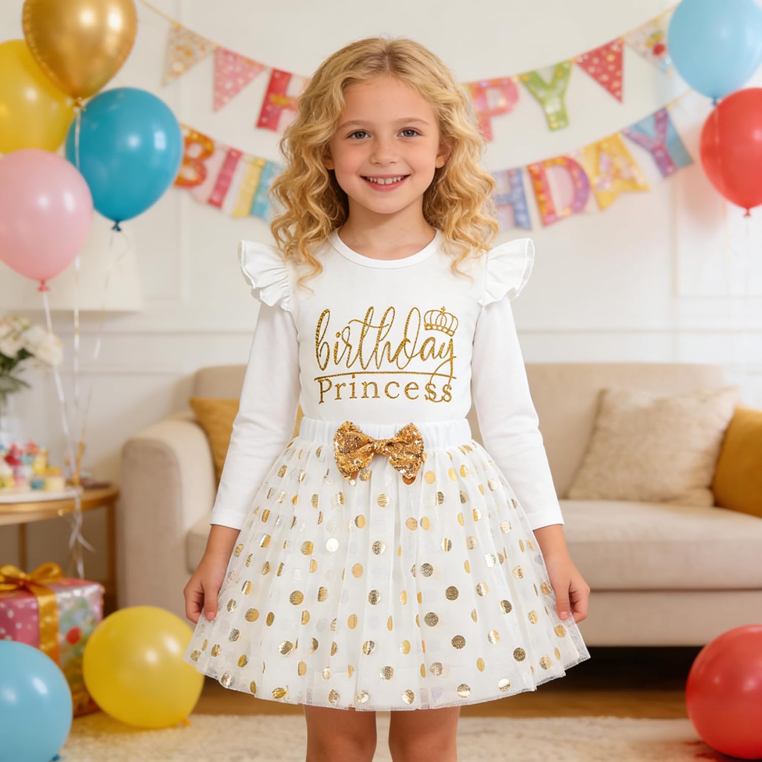 LYSMuch Toddler Baby Girls Birthday Outfits Princess Long Sleeve Shirt Mesh Tutu Skirt Set - Image 2