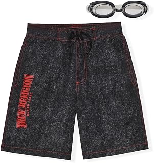 True Religion Boys Swim Trunks and Swim Goggles Set Premium Quick Dry Board Shorts Polyester Swimwear for Kids in Sizes 4–16