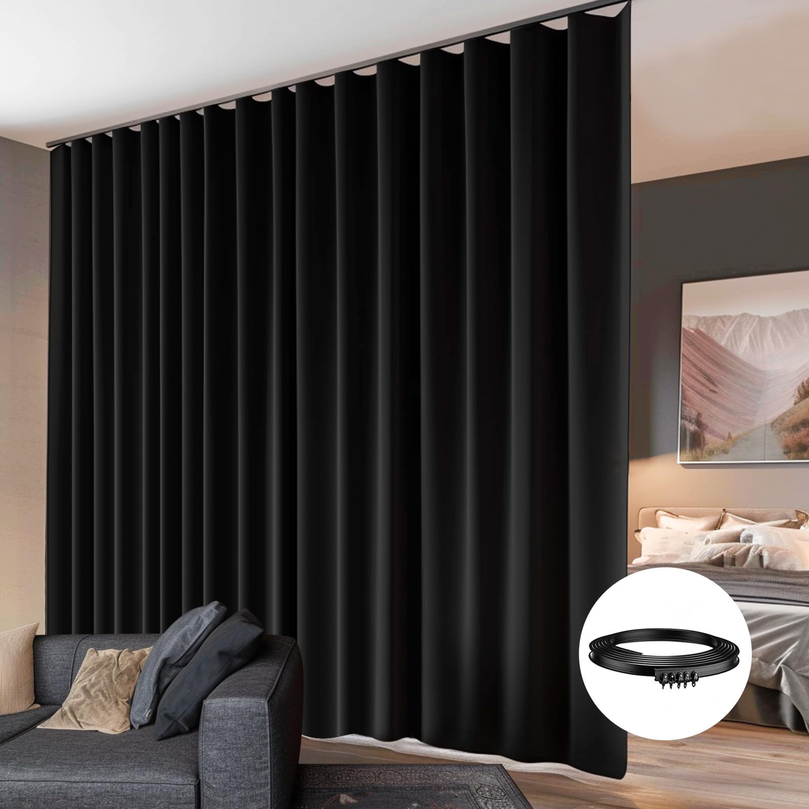 Room Divider Curtains Flexible Ceiling Tracks set Curtain track Ceiling Mount Blackout Curtain for Living Room Bedroom Ceiling Curtain Rod Privacy Dividers Panels W100 x H96 Black Drape & Black rail