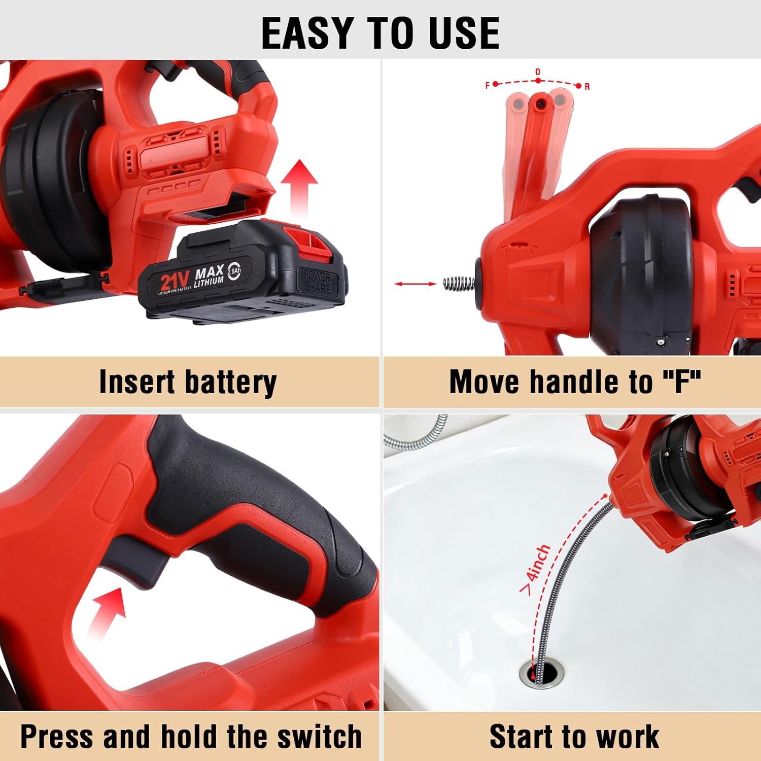 2026 Upgraded Cordless Electric Drain Auger, 20V 25Ft Auto-Feed Power Drain Snake with LED Light 2.0Ah Battery, Charger & Storage Bag, Heavy Duty Clog Remover Tool for Toilet Sink Bathroom Sewer Pipe