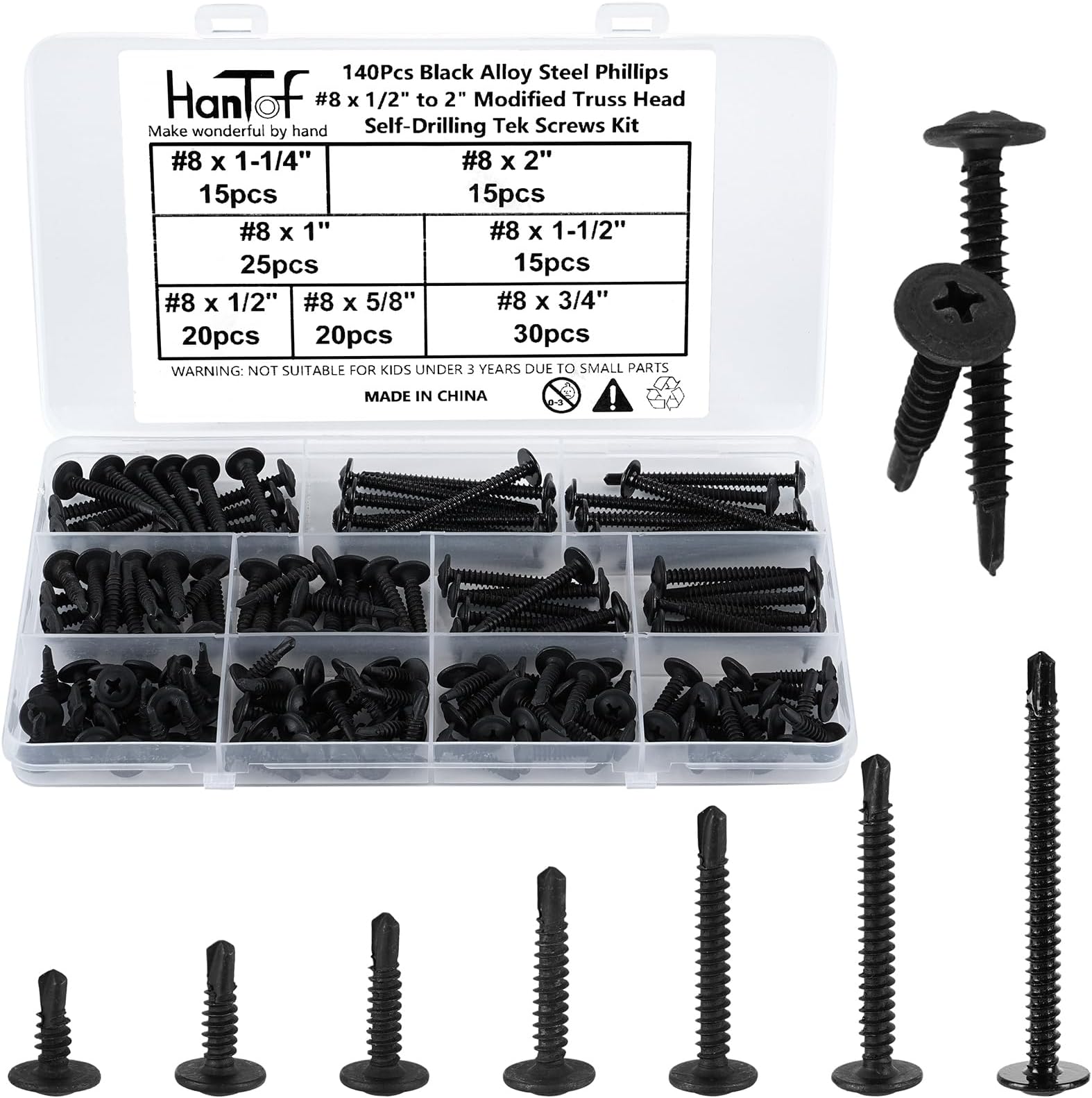 140 Pcs Black Self-Drilling Screws for Metal, 8 x 1/2 to 2 inch Phillips Drive Modified Truss Head Self-Tapping TEK Screws Assortment Kit, Sheet Metal Screws, Drill Point Deck Screws