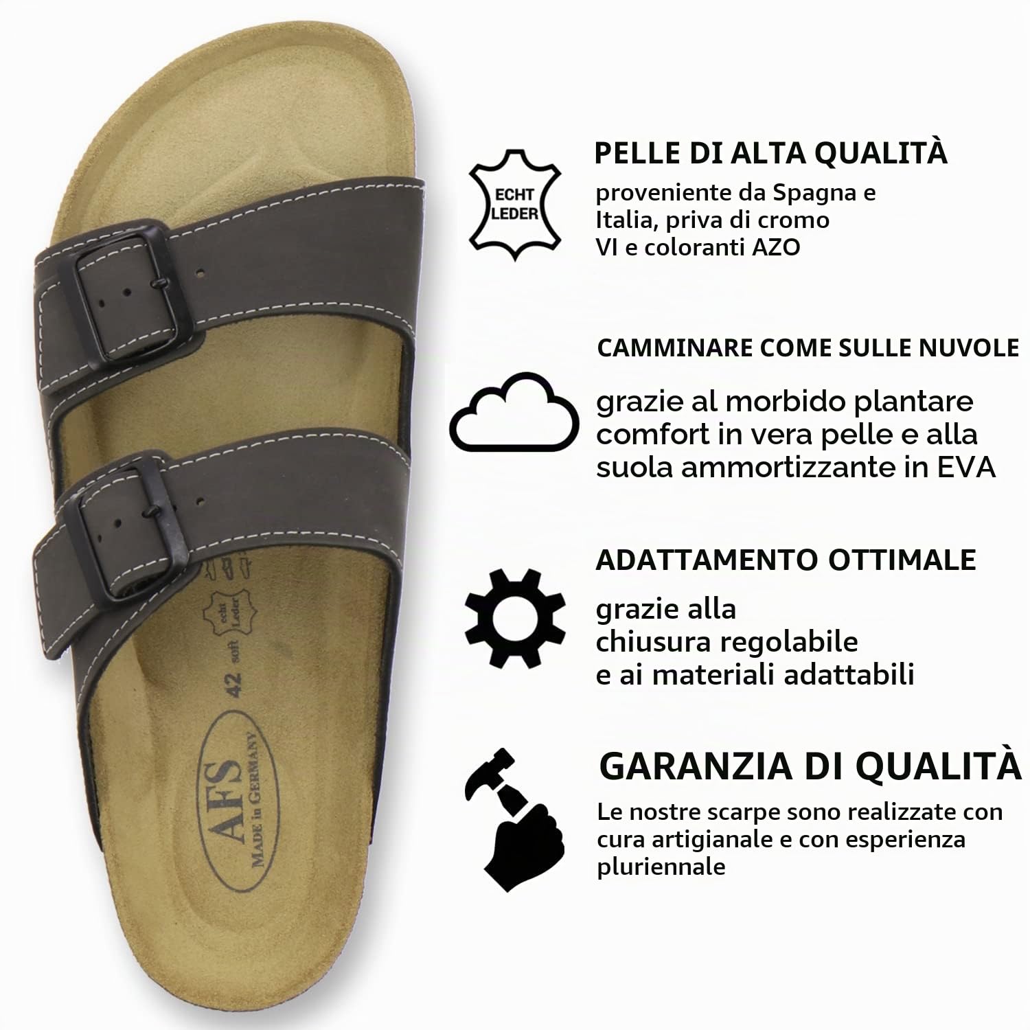 AFS-Schuhe 3110 Pantofole sportive da uomo in pelle, comode pantofole in sughero, realizzate in Germania