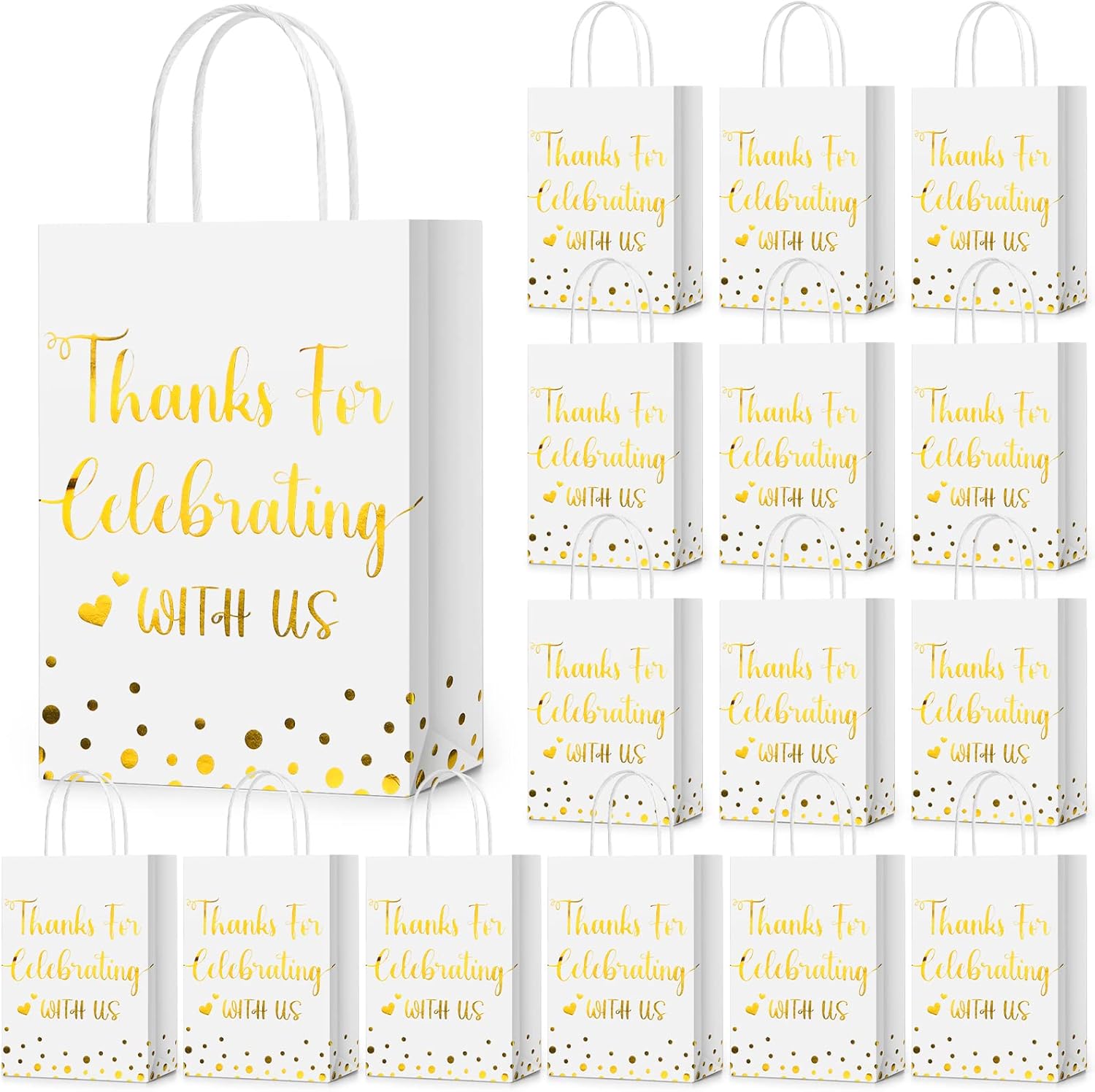 Ctosree 50 Pcs Wedding Gift Bag Thanks for Celebrating with Us Paper Bags Wedding Gift Bags with Handle for Hotel Guests Gift Bag for Bridal Shower Party Favors(White, Gold)